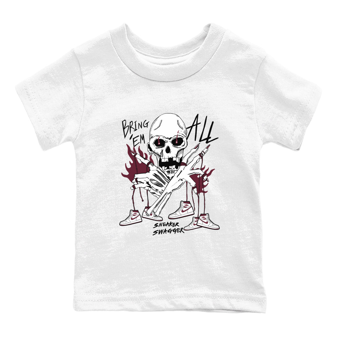 AJ1 Metallic Burgundy shirts to match jordans Bring 'Em All unique Halloween sneaker tee Air Jordan 1 Metallic Burgundy SNRT Sneaker Tees streetwear brand Baby and Youth White 2 cotton tee