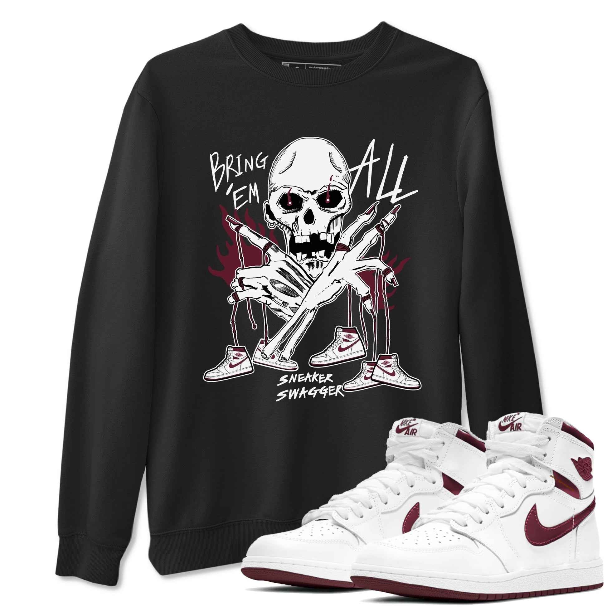 AJ1 Metallic Burgundy shirts to match jordans Bring 'Em All unique Halloween sneaker tee Air Jordan 1 Metallic Burgundy SNRT Sneaker Tees streetwear brand Black 1 unisex cotton tee