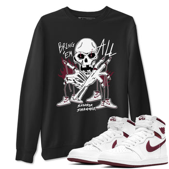 AJ1 Metallic Burgundy shirts to match jordans Bring 'Em All unique Halloween sneaker tee Air Jordan 1 Metallic Burgundy SNRT Sneaker Tees streetwear brand Black 1 unisex cotton tee