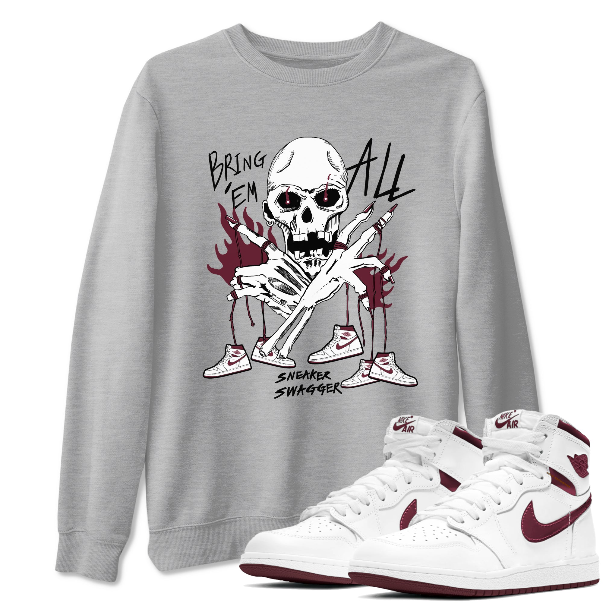 AJ1 Metallic Burgundy shirts to match jordans Bring 'Em All unique Halloween sneaker tee Air Jordan 1 Metallic Burgundy SNRT Sneaker Tees streetwear brand Heather Grey 1 unisex cotton tee