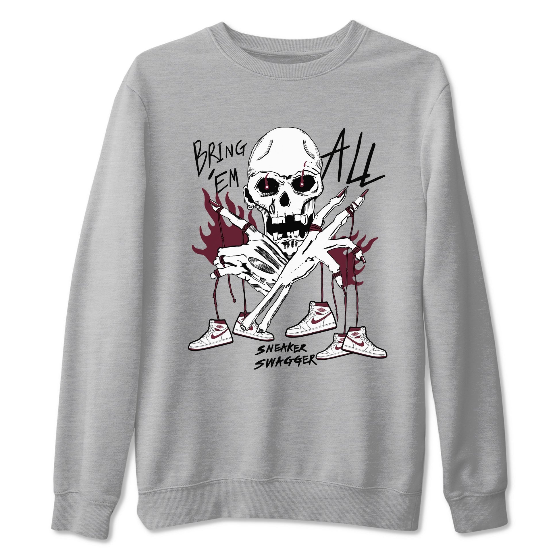 AJ1 Metallic Burgundy shirts to match jordans Bring 'Em All unique Halloween sneaker tee Air Jordan 1 Metallic Burgundy SNRT Sneaker Tees streetwear brand Heather Grey 2 unisex cotton tee