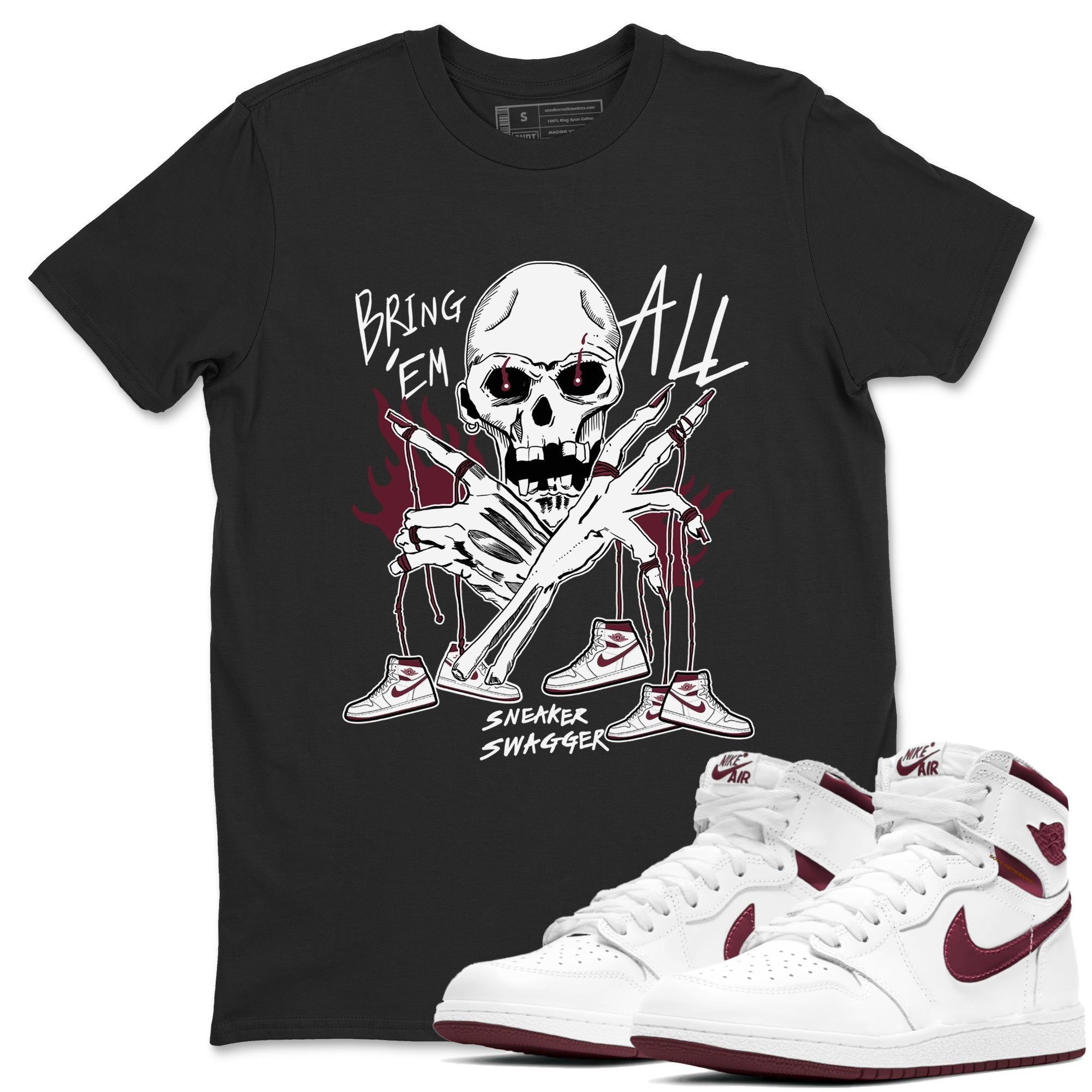 AJ1 Metallic Burgundy shirts to match jordans Bring 'Em All unique Halloween sneaker tee Air Jordan 1 Metallic Burgundy SNRT Sneaker Tees streetwear brand Black 1 unisex cotton tee