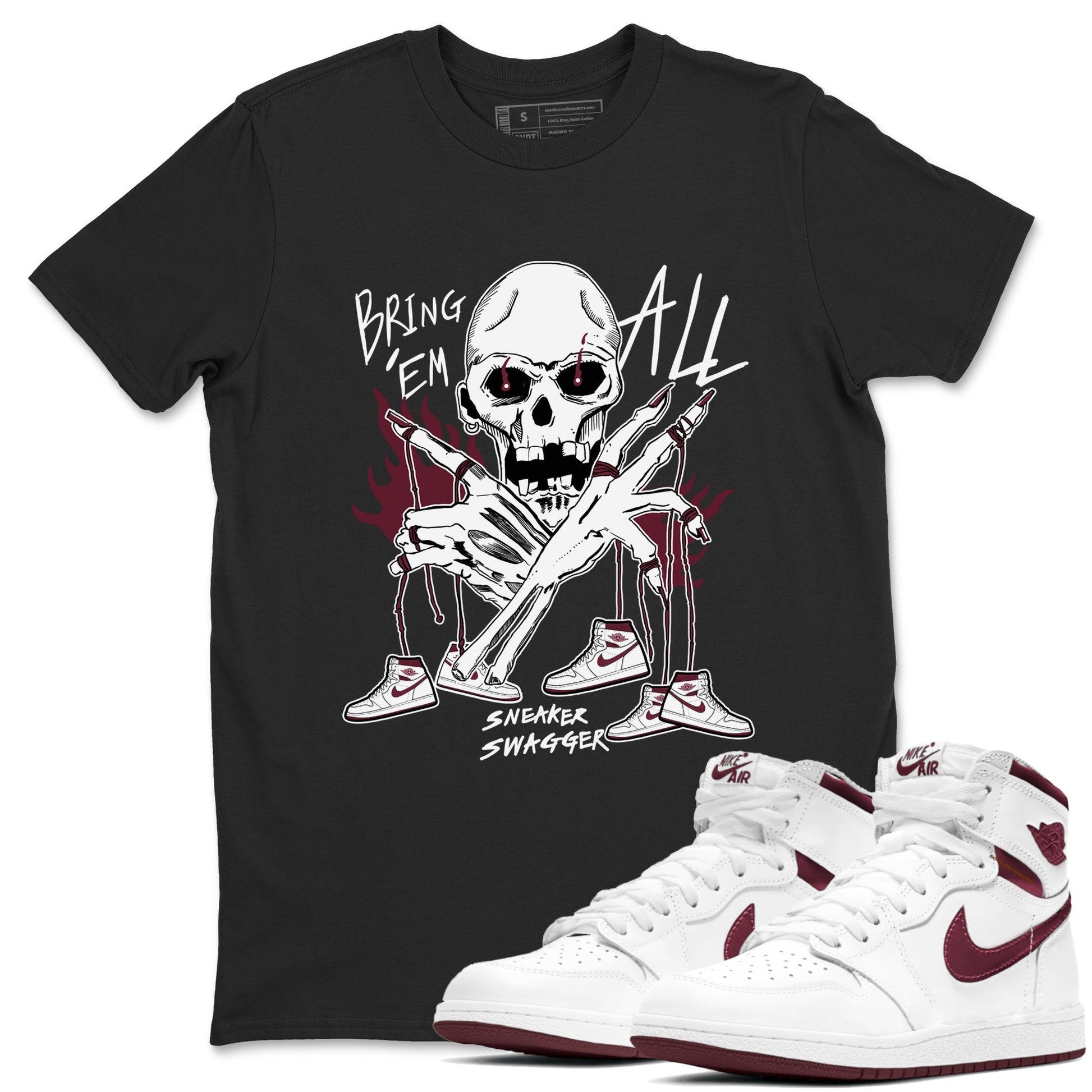 AJ1 Metallic Burgundy shirts to match jordans Bring 'Em All unique Halloween sneaker tee Air Jordan 1 Metallic Burgundy SNRT Sneaker Tees streetwear brand Black 1 unisex cotton tee