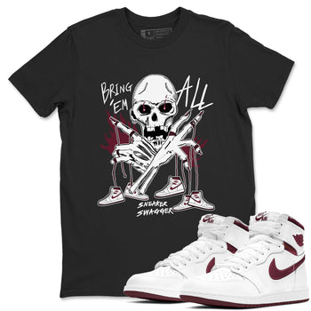 AJ1 Metallic Burgundy shirts to match jordans Bring 'Em All unique Halloween sneaker tee Air Jordan 1 Metallic Burgundy SNRT Sneaker Tees streetwear brand Black 1 unisex cotton tee