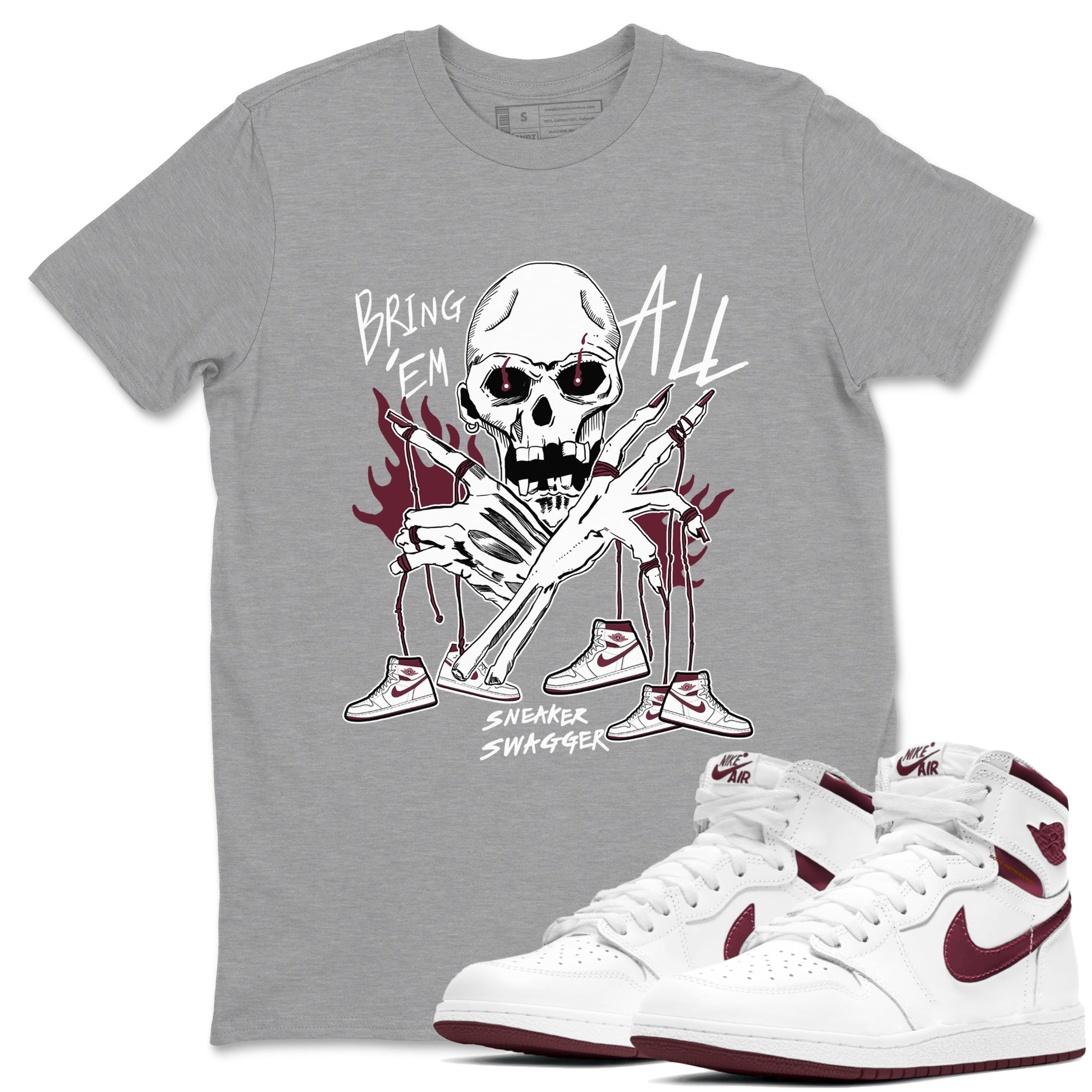 AJ1 Metallic Burgundy shirts to match jordans Bring 'Em All unique Halloween sneaker tee Air Jordan 1 Metallic Burgundy SNRT Sneaker Tees streetwear brand Heather Grey 1 unisex cotton tee