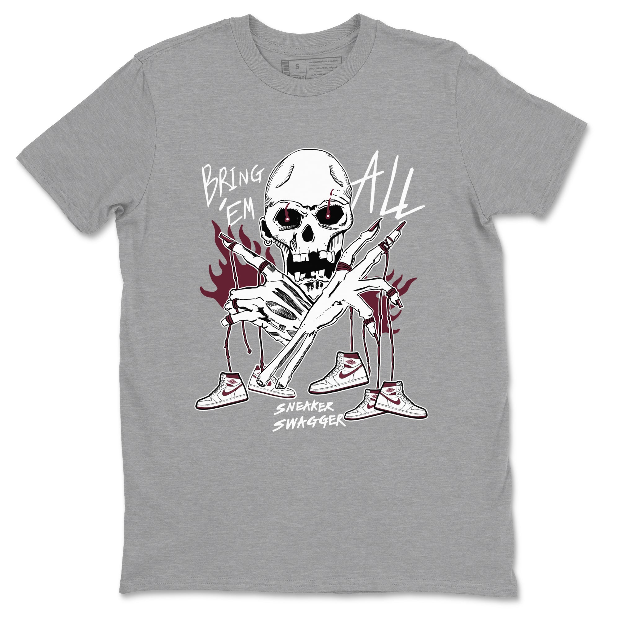 AJ1 Metallic Burgundy shirts to match jordans Bring 'Em All unique Halloween sneaker tee Air Jordan 1 Metallic Burgundy SNRT Sneaker Tees streetwear brand Heather Grey 2 unisex cotton tee