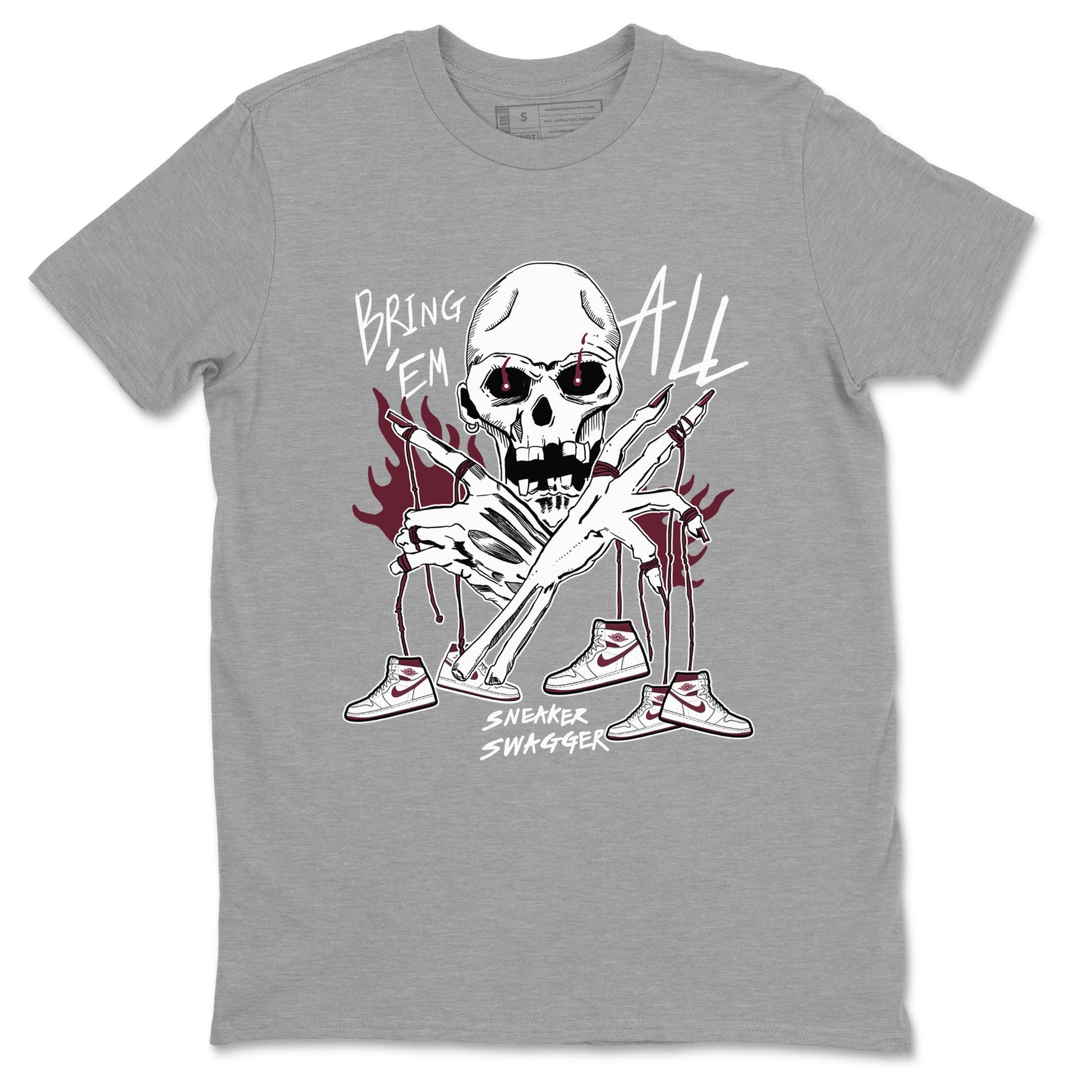 AJ1 Metallic Burgundy shirts to match jordans Bring 'Em All unique Halloween sneaker tee Air Jordan 1 Metallic Burgundy SNRT Sneaker Tees streetwear brand Heather Grey 2 unisex cotton tee