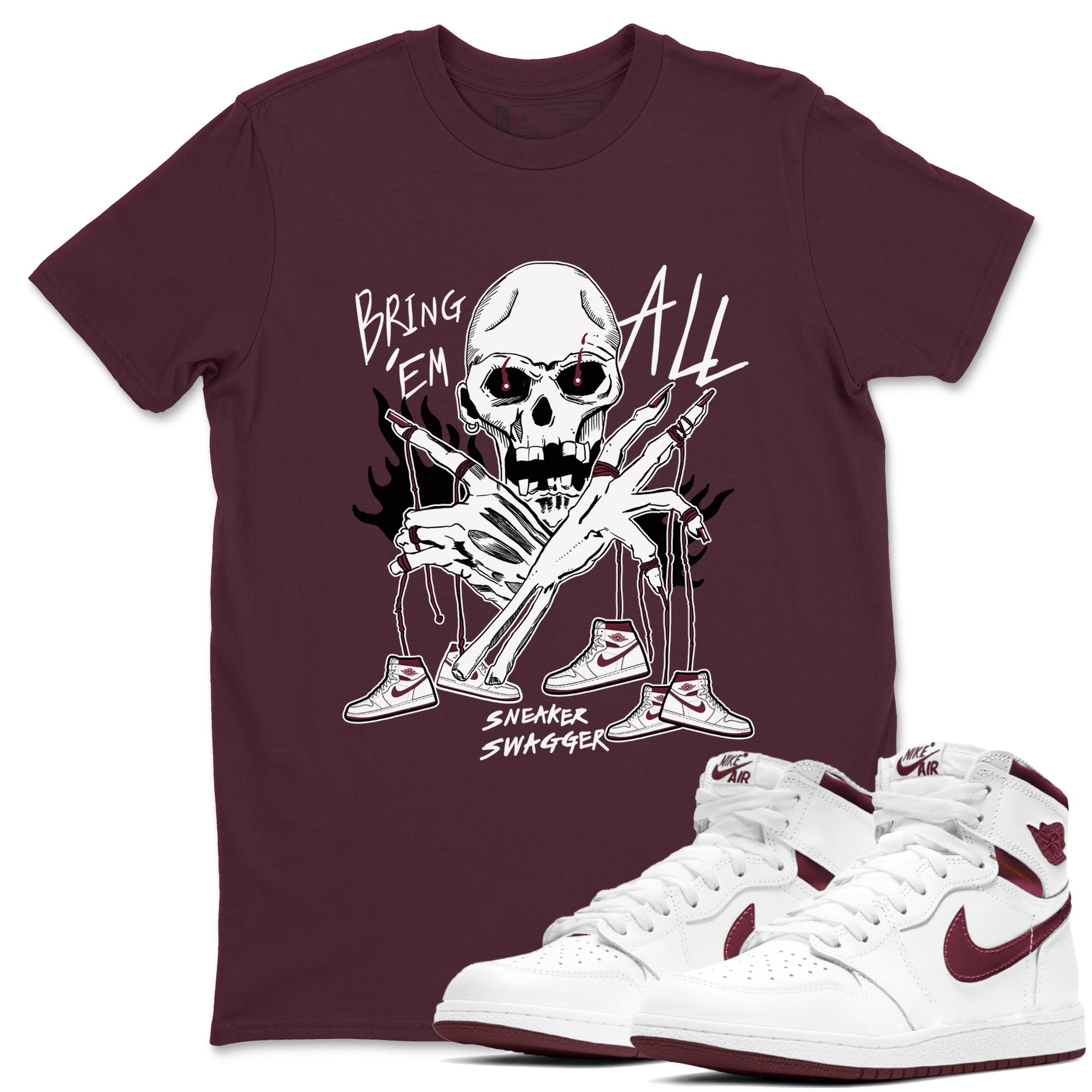 AJ1 Metallic Burgundy shirts to match jordans Bring 'Em All unique Halloween sneaker tee Air Jordan 1 Metallic Burgundy SNRT Sneaker Tees streetwear brand Maroon 1 unisex cotton tee