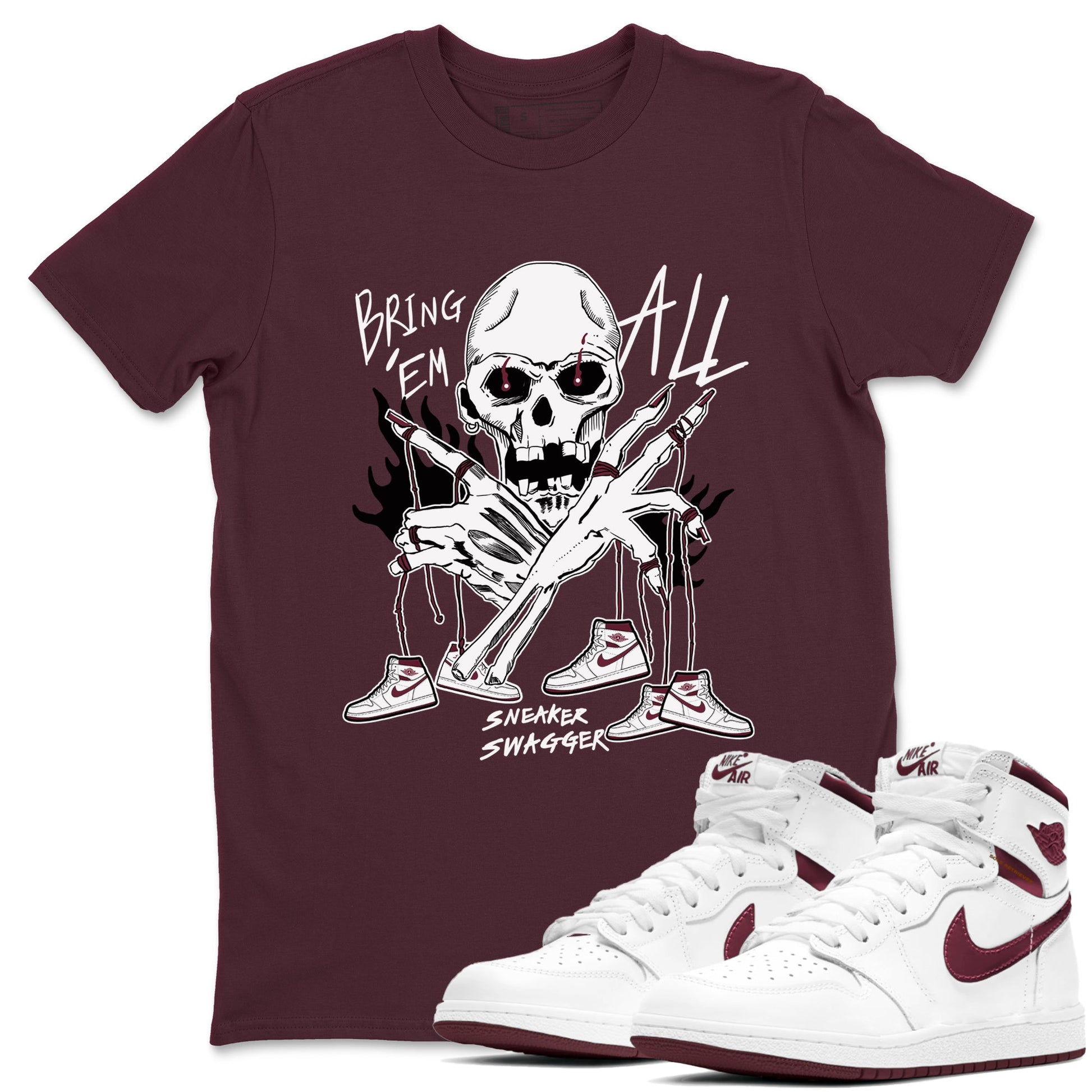 AJ1 Metallic Burgundy shirts to match jordans Bring 'Em All unique Halloween sneaker tee Air Jordan 1 Metallic Burgundy SNRT Sneaker Tees streetwear brand Maroon 1 unisex cotton tee