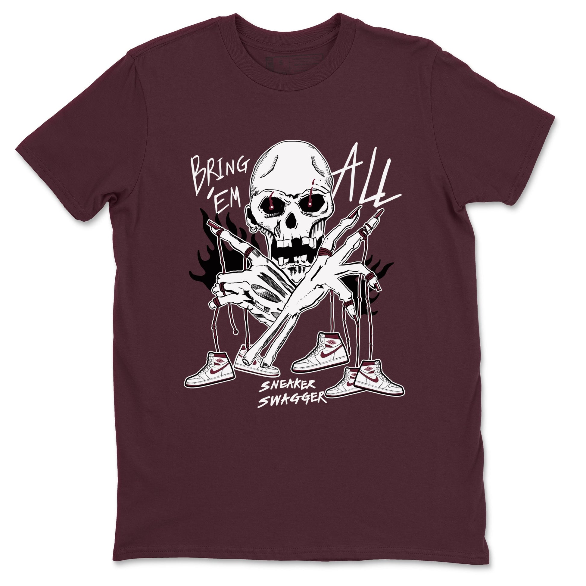 AJ1 Metallic Burgundy shirts to match jordans Bring 'Em All unique Halloween sneaker tee Air Jordan 1 Metallic Burgundy SNRT Sneaker Tees streetwear brand Maroon 2 unisex cotton tee