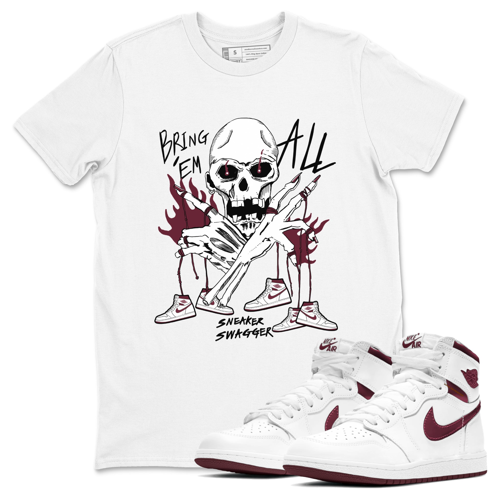 AJ1 Metallic Burgundy shirts to match jordans Bring 'Em All unique Halloween sneaker tee Air Jordan 1 Metallic Burgundy SNRT Sneaker Tees streetwear brand White 1 unisex cotton tee
