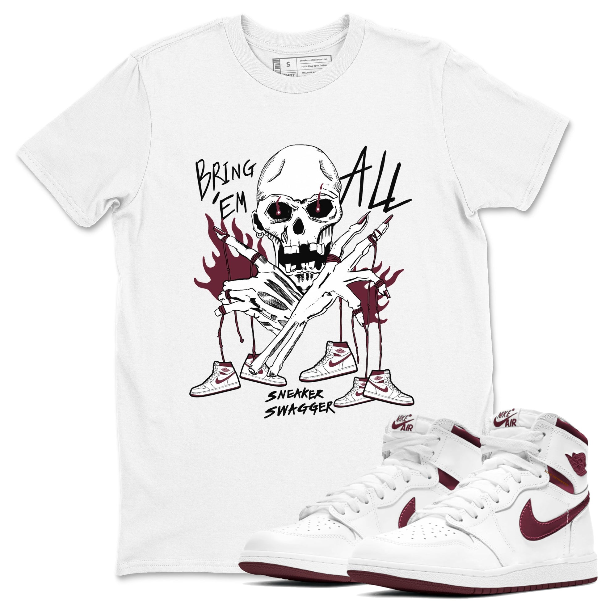 AJ1 Metallic Burgundy shirts to match jordans Bring 'Em All unique Halloween sneaker tee Air Jordan 1 Metallic Burgundy SNRT Sneaker Tees streetwear brand White 1 unisex cotton tee