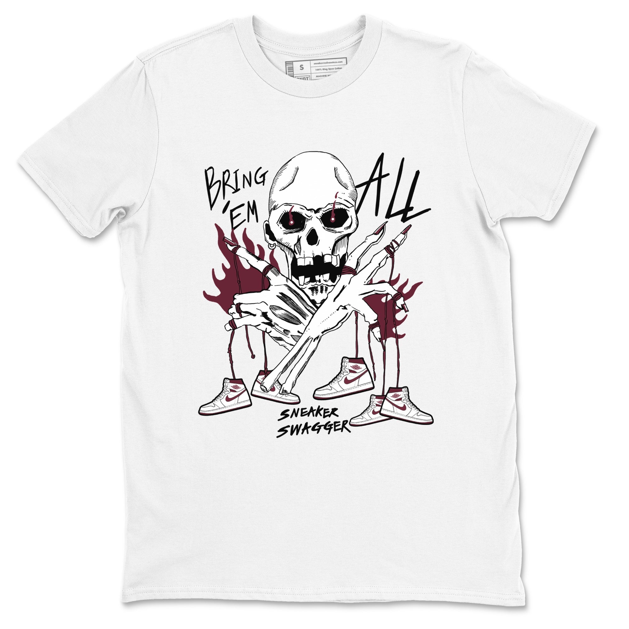 AJ1 Metallic Burgundy shirts to match jordans Bring 'Em All unique Halloween sneaker tee Air Jordan 1 Metallic Burgundy SNRT Sneaker Tees streetwear brand White 2 unisex cotton tee