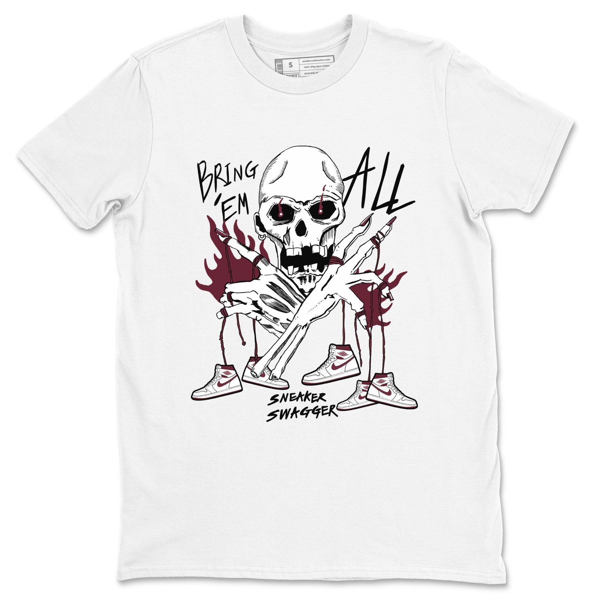 AJ1 Metallic Burgundy shirts to match jordans Bring 'Em All unique Halloween sneaker tee Air Jordan 1 Metallic Burgundy SNRT Sneaker Tees streetwear brand White 2 unisex cotton tee