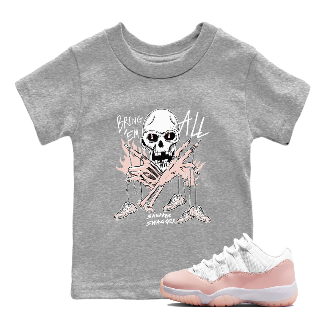 AJ11 Legend Pink shirts to match jordans Bring 'Em All unique Halloween sneaker tee Air Jordan 11 Legend Pink SNRT Sneaker Tees streetwear brand Baby and Youth Heather Grey 1 cotton tee