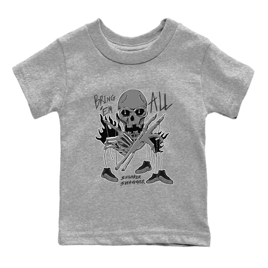 12s Black Wolf Grey shirts to match jordans Bring 'Em All unique Halloween sneaker tee Air Jordan 12 Barons match shoes to clothes SNRT Sneaker Tees Youth Baby Heather Grey 2 tee