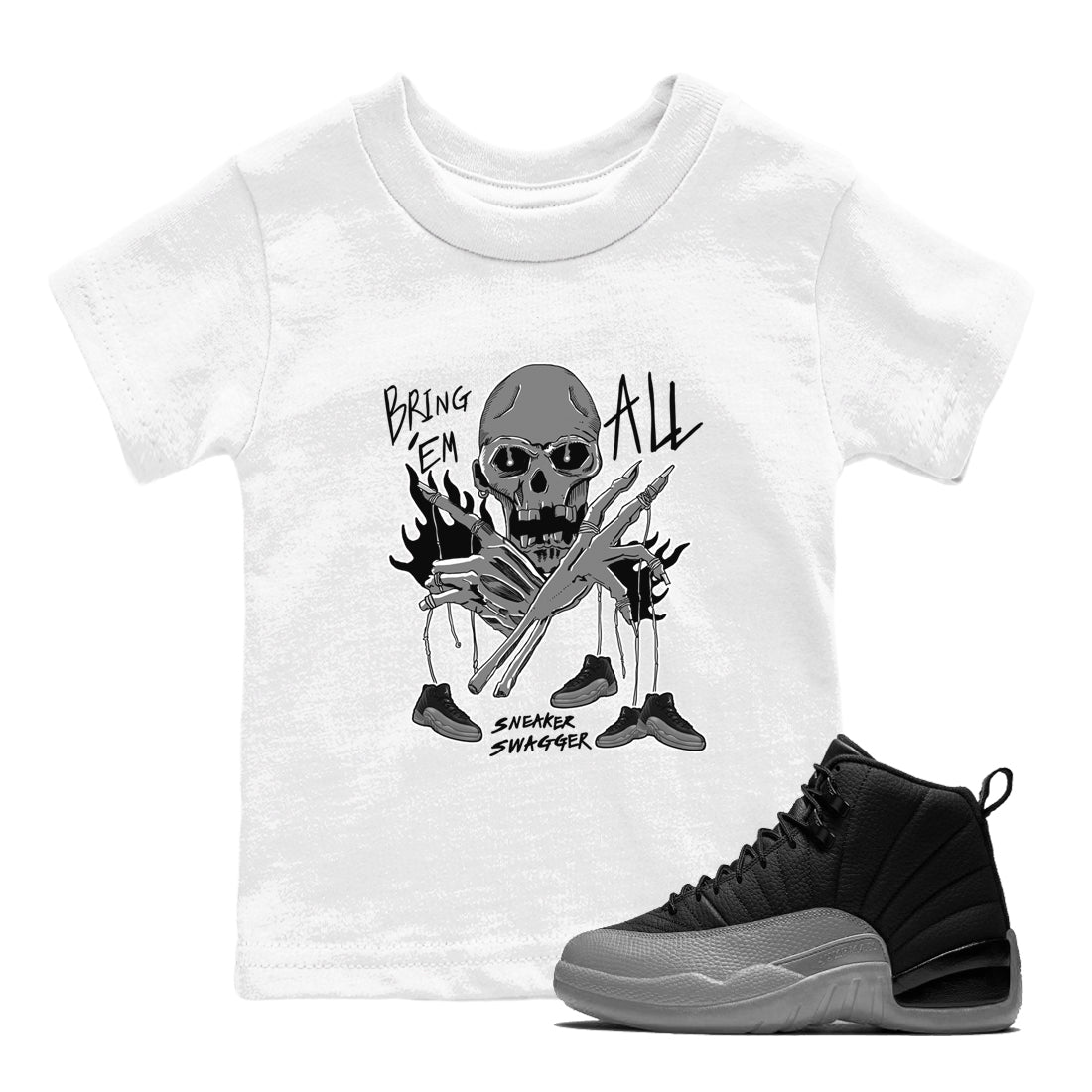12s Black Wolf Grey shirts to match jordans Bring 'Em All unique Halloween sneaker tee Air Jordan 12 Barons match shoes to clothes SNRT Sneaker Tees Youth Baby White 1 tee
