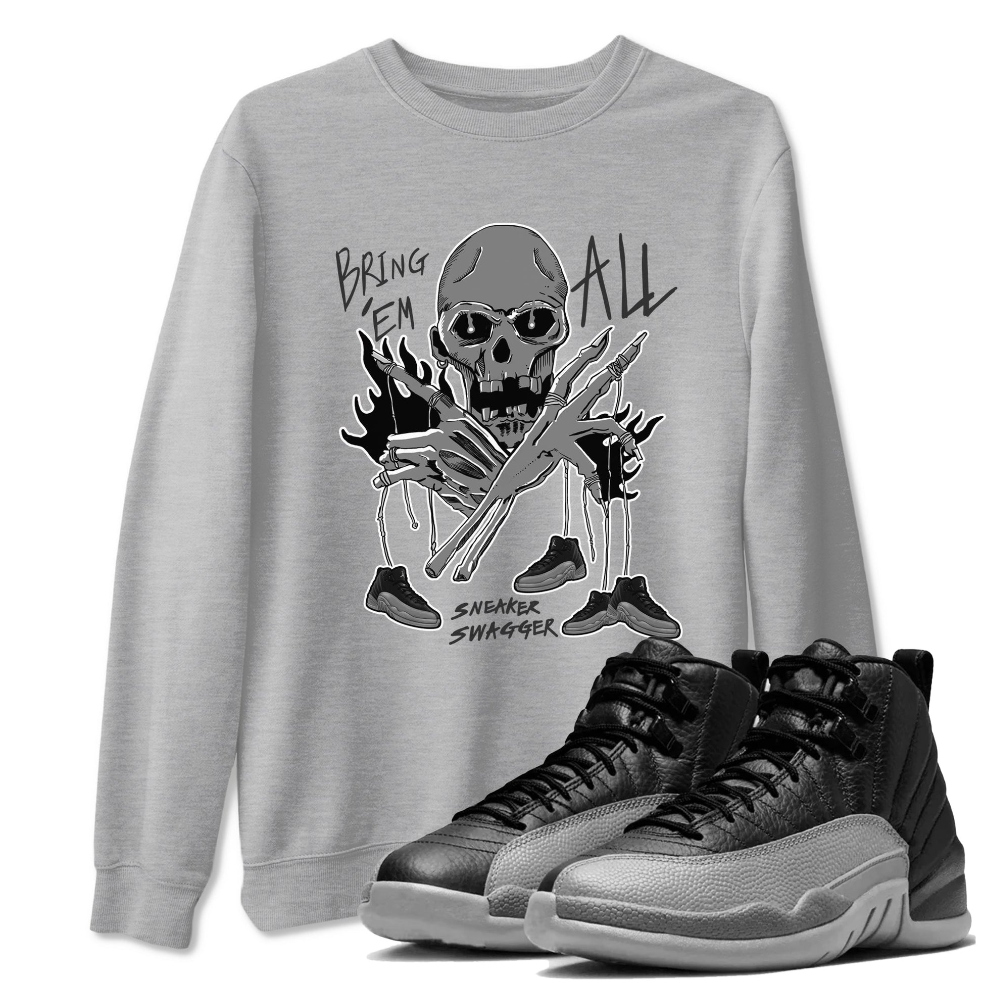 12s Black Wolf Grey shirts to match jordans Bring 'Em All unique Halloween sneaker tee Air Jordan 12 Barons match shoes to clothes SNRT Sneaker Tees unisex cotton Heather Grey 1 shirts