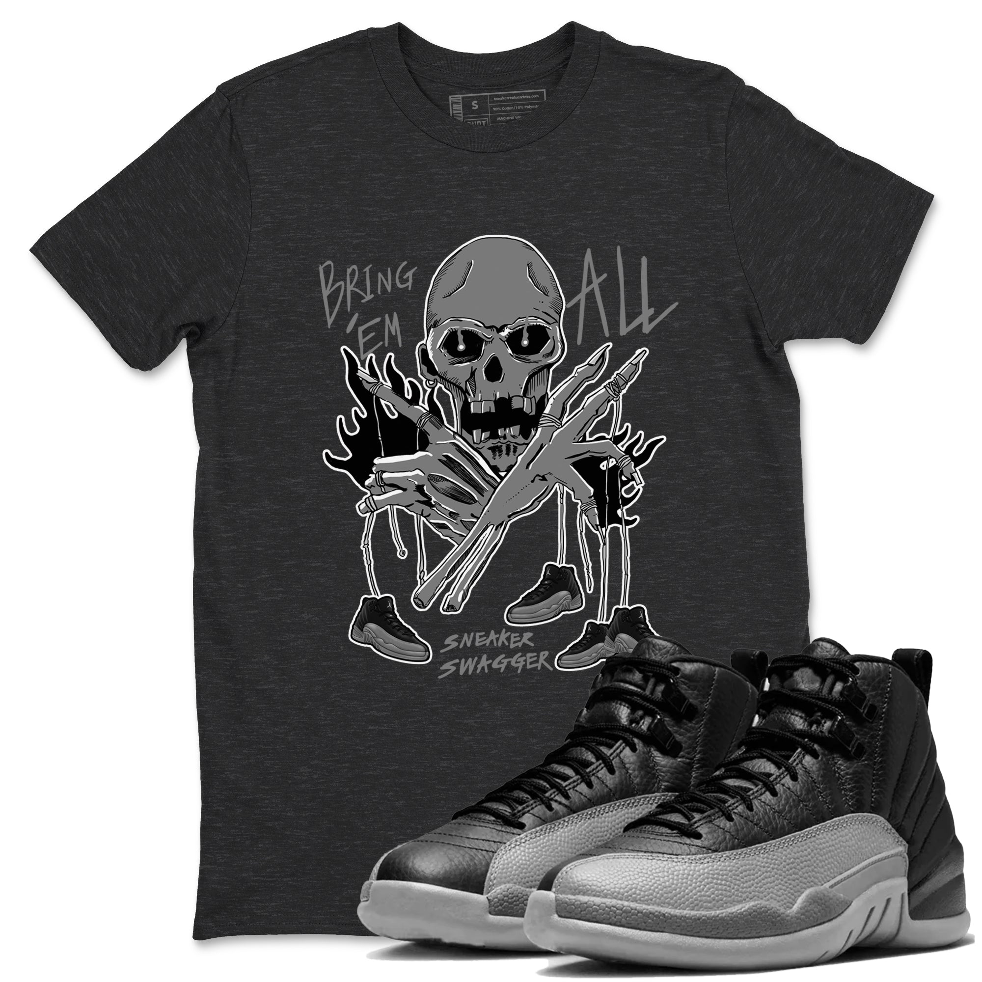 12s Black Wolf Grey shirts to match jordans Bring 'Em All unique Halloween sneaker tee Air Jordan 12 Barons match shoes to clothes SNRT Sneaker Tees unisex cotton Charcoal Heather 1 shirts