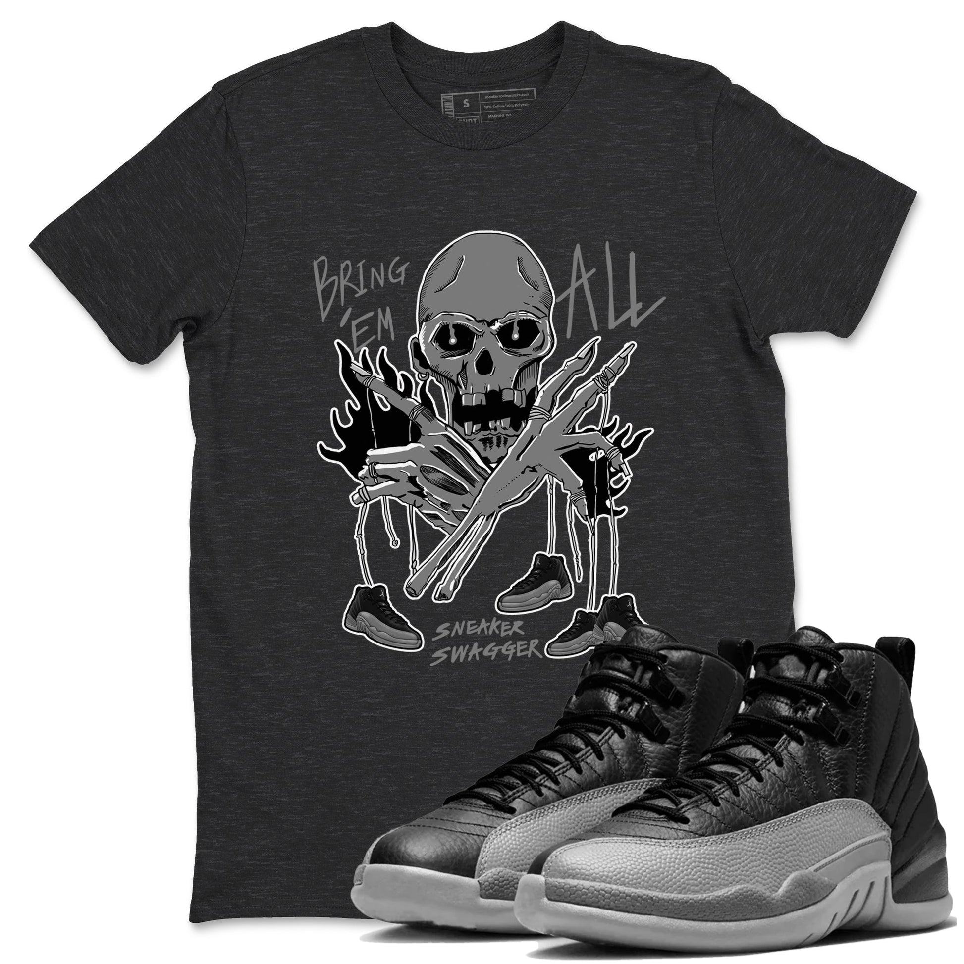 12s Black Wolf Grey shirts to match jordans Bring 'Em All unique Halloween sneaker tee Air Jordan 12 Barons match shoes to clothes SNRT Sneaker Tees unisex cotton Charcoal Heather 1 shirts