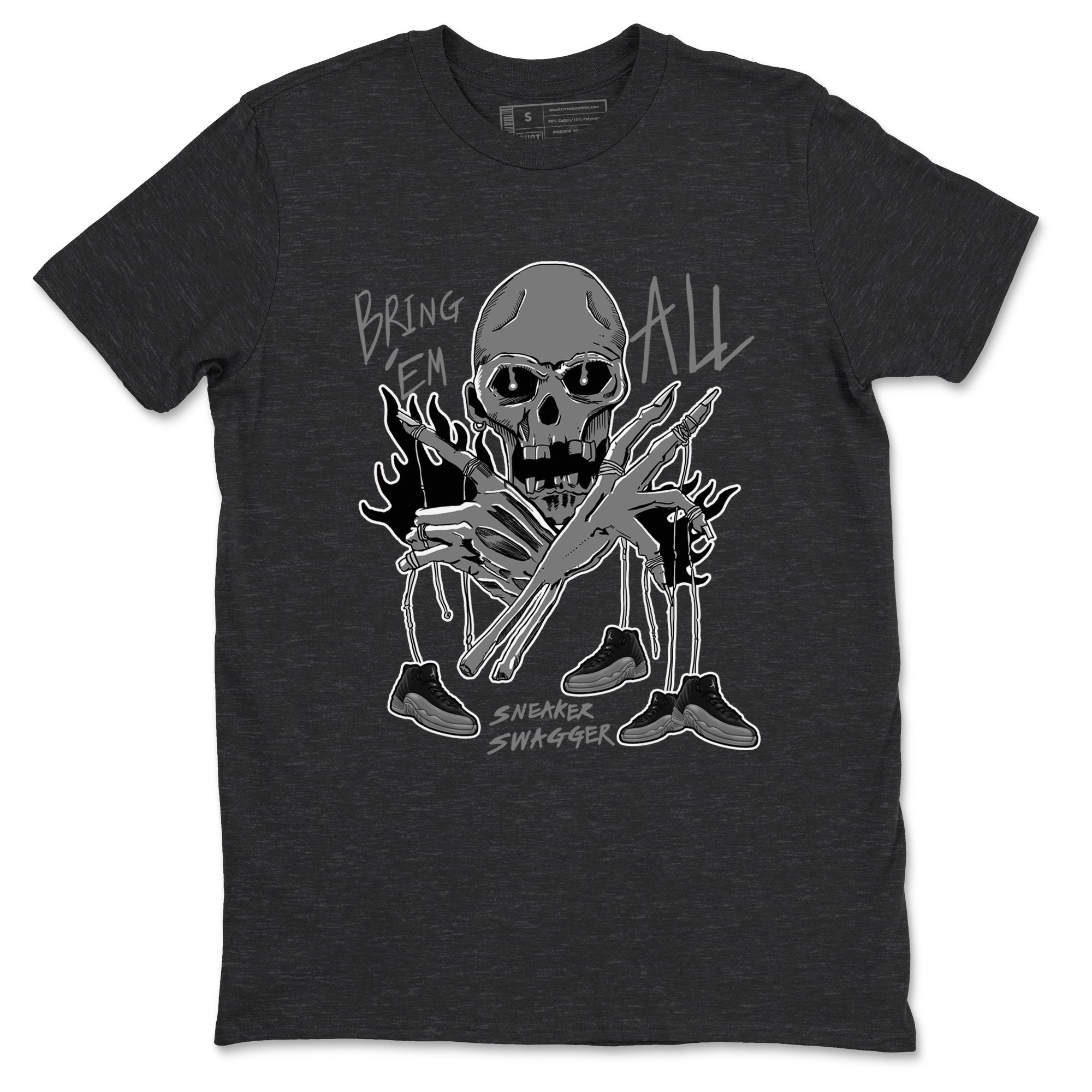 12s Black Wolf Grey shirts to match jordans Bring 'Em All unique Halloween sneaker tee Air Jordan 12 Barons match shoes to clothes SNRT Sneaker Tees unisex cotton Charcoal Heather 2 shirts