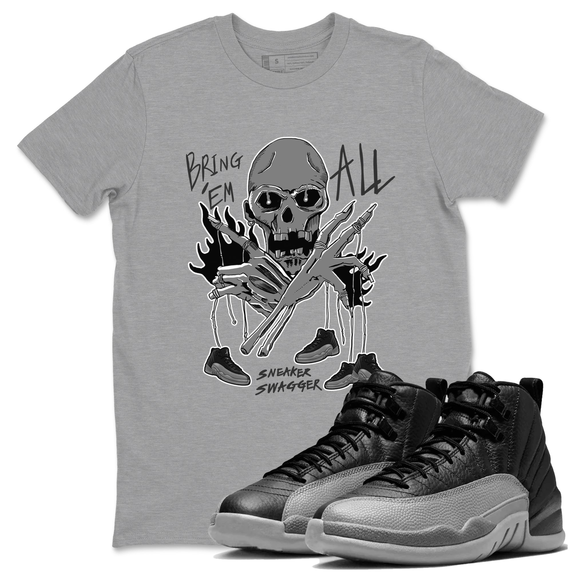12s Black Wolf Grey shirts to match jordans Bring 'Em All unique Halloween sneaker tee Air Jordan 12 Barons match shoes to clothes SNRT Sneaker Tees unisex cotton Heather Grey 1 shirts
