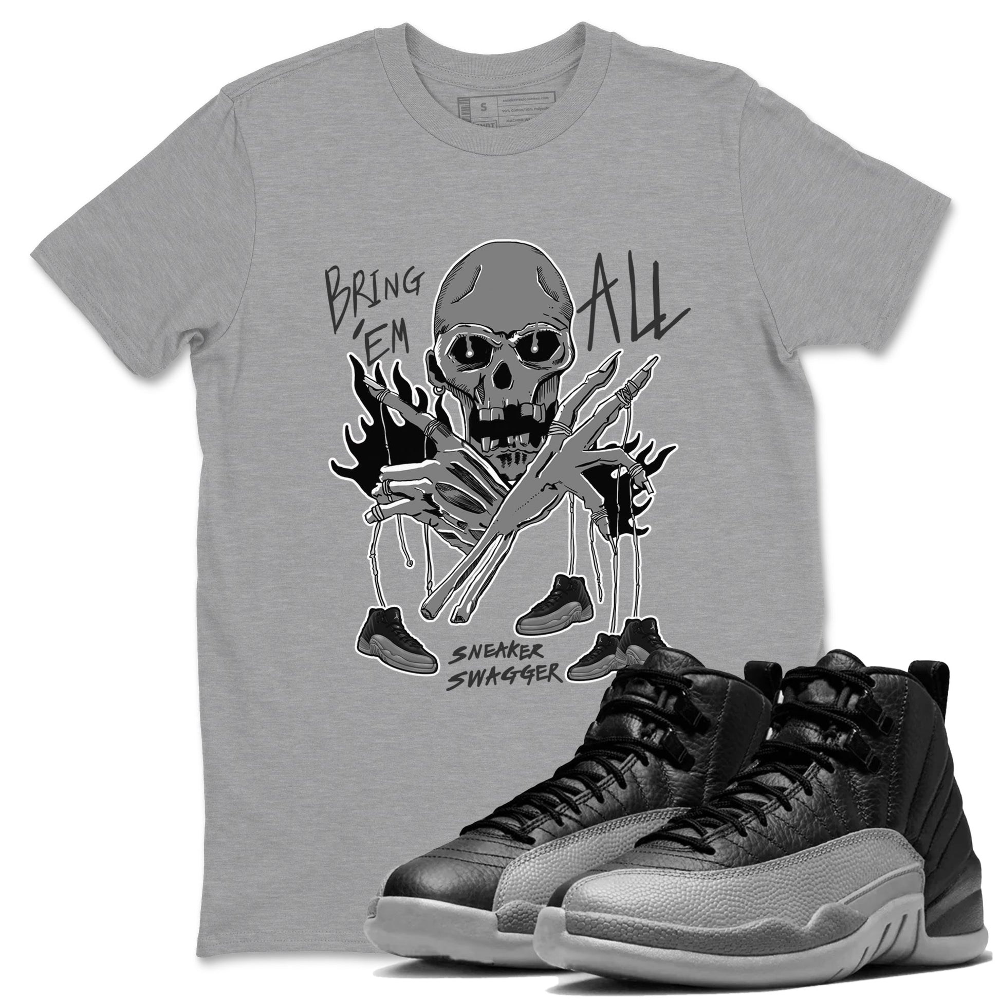12s Black Wolf Grey shirts to match jordans Bring 'Em All unique Halloween sneaker tee Air Jordan 12 Barons match shoes to clothes SNRT Sneaker Tees unisex cotton Heather Grey 1 shirts