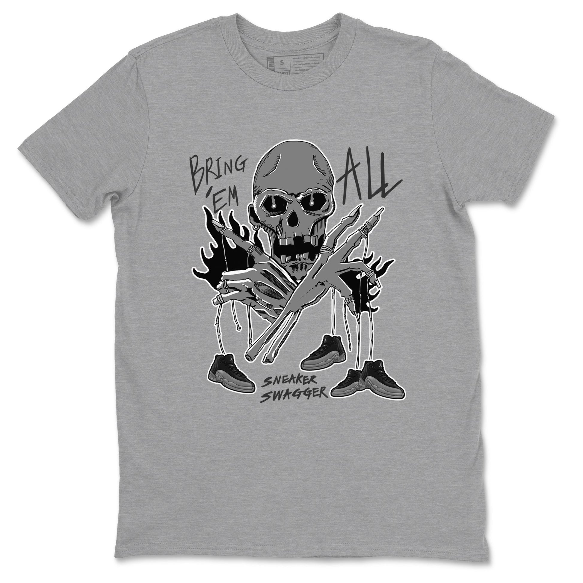 12s Black Wolf Grey shirts to match jordans Bring 'Em All unique Halloween sneaker tee Air Jordan 12 Barons match shoes to clothes SNRT Sneaker Tees unisex cotton Heather Grey 2 shirts