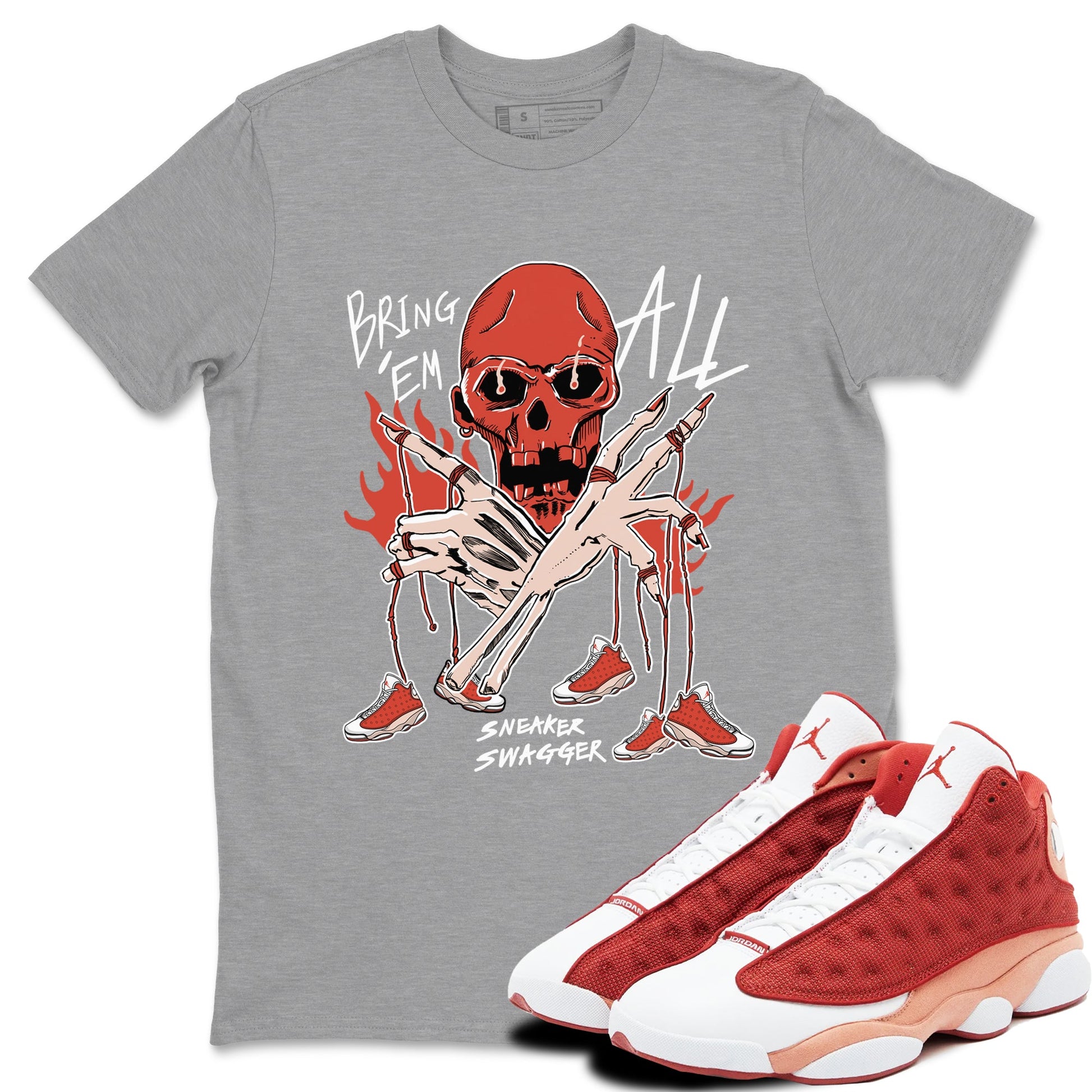 13s Dune Red shirts to match jordans Bring 'Em All unique Halloween sneaker tee Air Jordan 13 Dune Red SNRT Sneaker Tees streetwear brand Heather Grey 1 unisex cotton tee