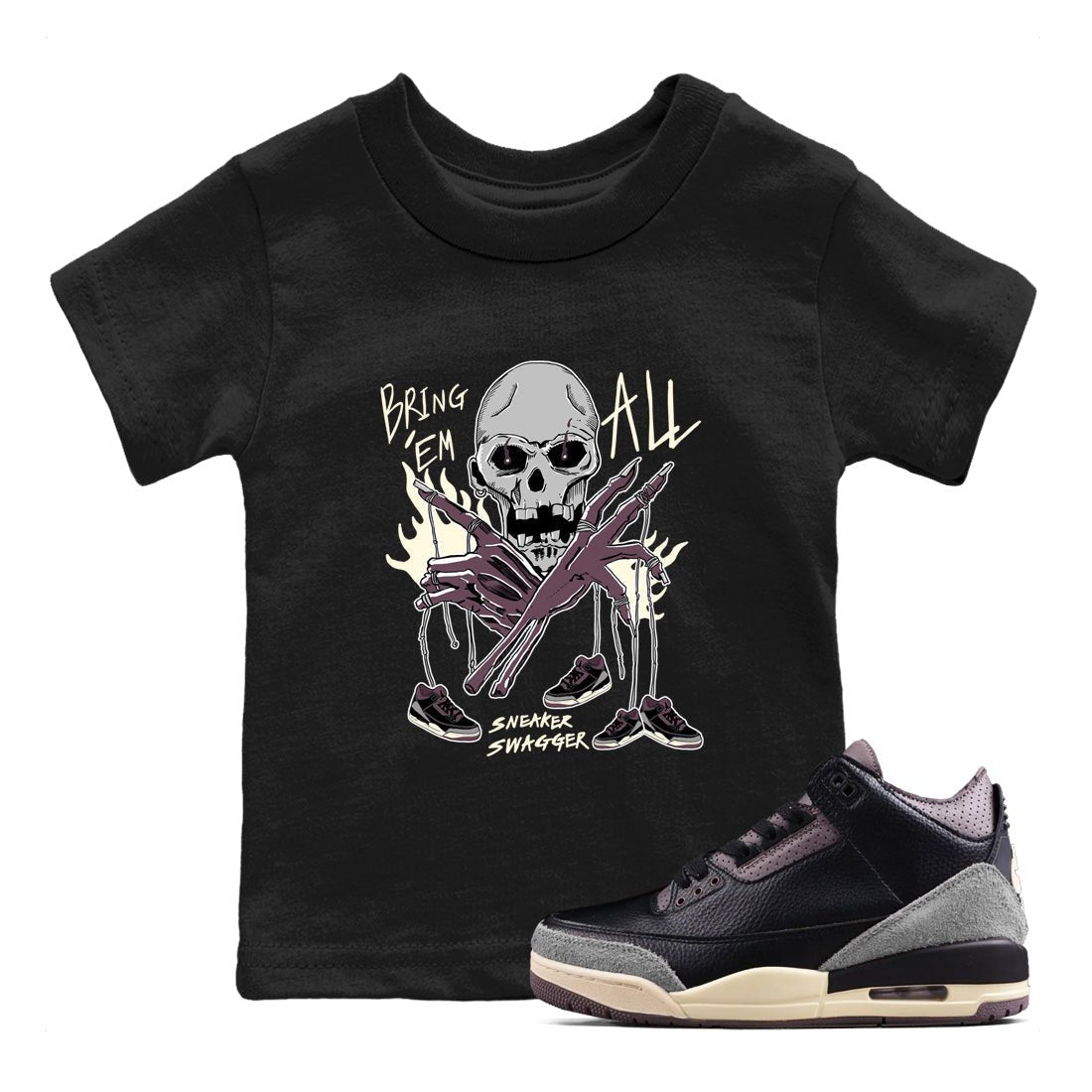 AJ3 A Ma Maniere x Black shirts to match jordans Bring 'Em All unique Halloween sneaker tee A Ma Maniere x Air Jordan 3 _lack SNRT Sneaker Tees streetwear brand Baby and Youth Black 1 cotton tee