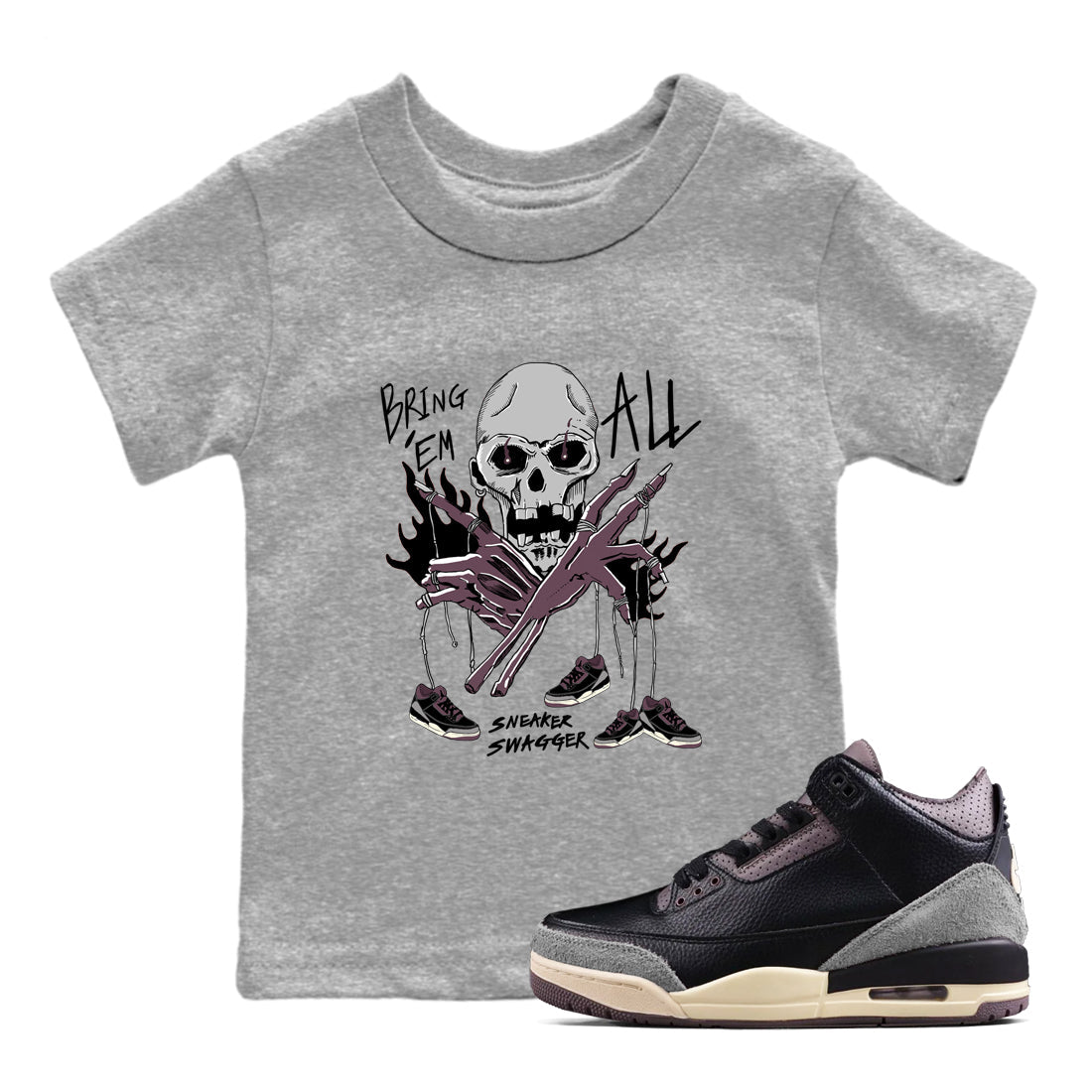 AJ3 A Ma Maniere x Black shirts to match jordans Bring 'Em All unique Halloween sneaker tee A Ma Maniere x Air Jordan 3 _lack SNRT Sneaker Tees streetwear brand Baby and Youth Heather Grey 1 cotton tee