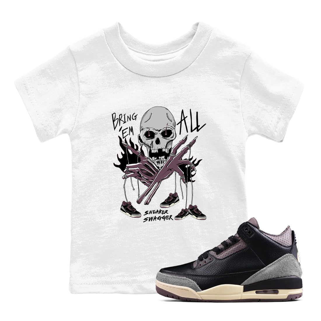 AJ3 A Ma Maniere x Black shirts to match jordans Bring 'Em All unique Halloween sneaker tee A Ma Maniere x Air Jordan 3 _lack SNRT Sneaker Tees streetwear brand Baby and Youth White 1 cotton tee