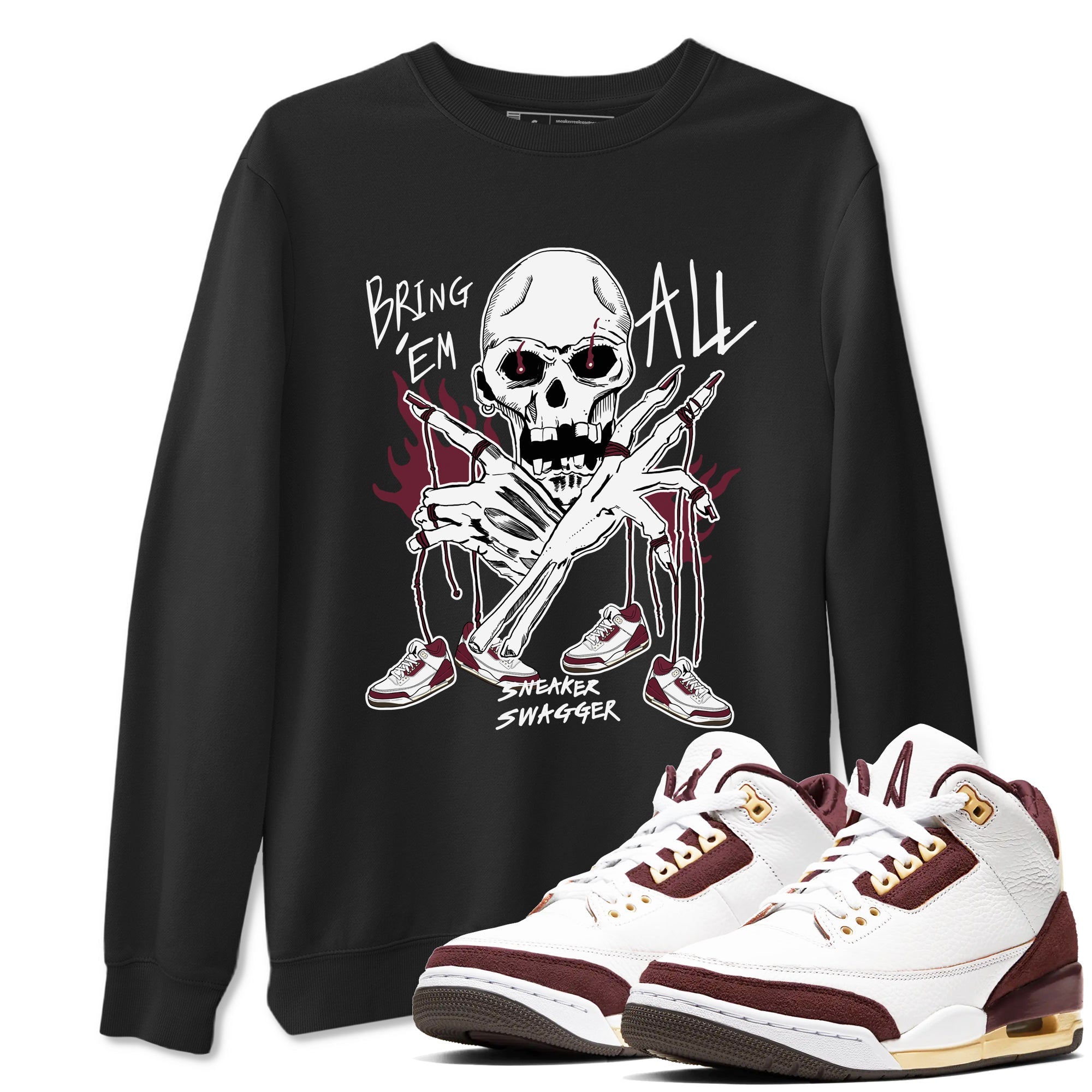 3s A Ma Maniere x Burgundy Crush shirts to match jordans Bring 'Em All sneaker match teesA Ma Maniére x Air Jordan 3 "Burgundy Crush" SNRT Sneaker Tees streetwear brand Black 1 unisex cotton tee