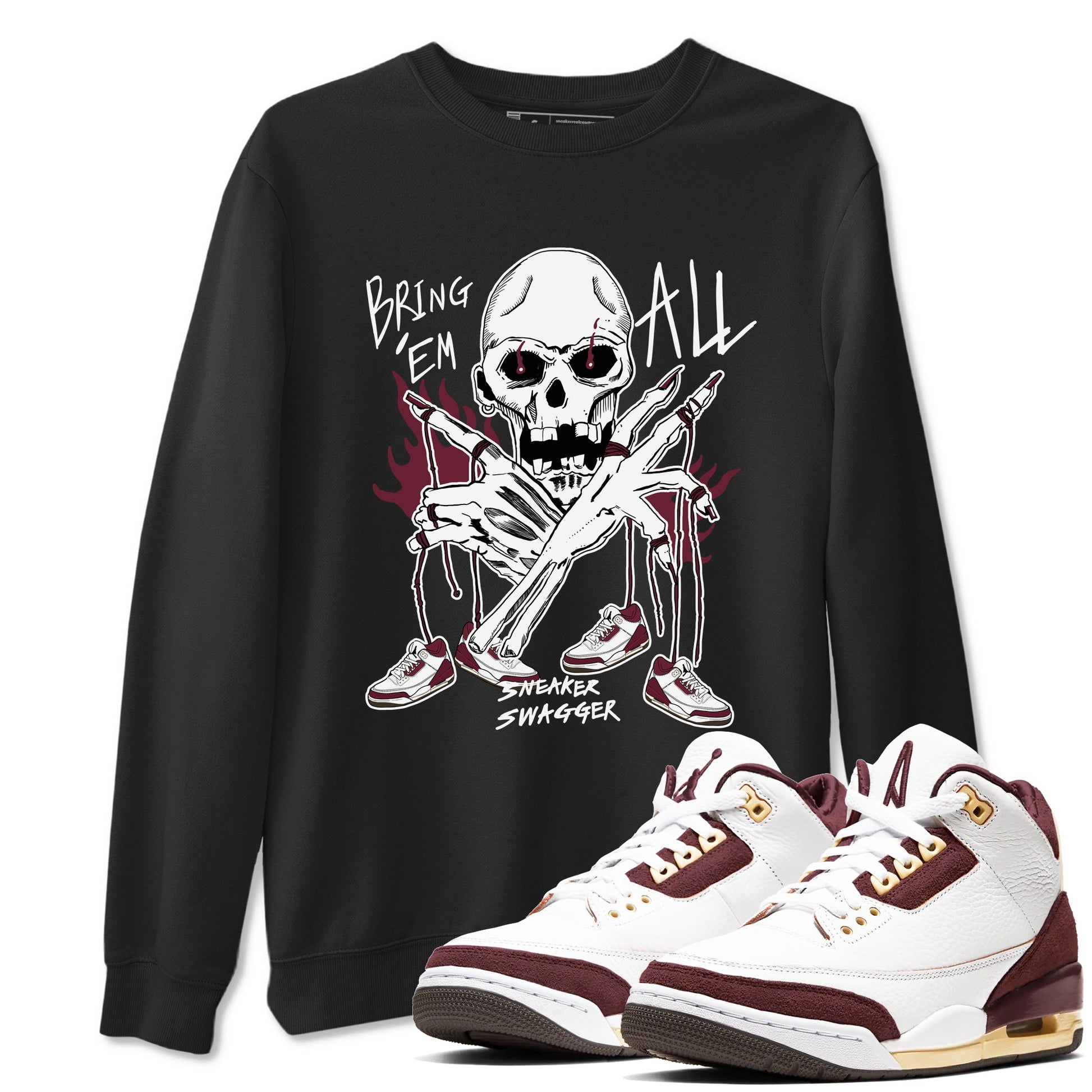 3s A Ma Maniere x Burgundy Crush shirts to match jordans Bring 'Em All sneaker match teesA Ma Maniére x Air Jordan 3 "Burgundy Crush" SNRT Sneaker Tees streetwear brand Black 1 unisex cotton tee