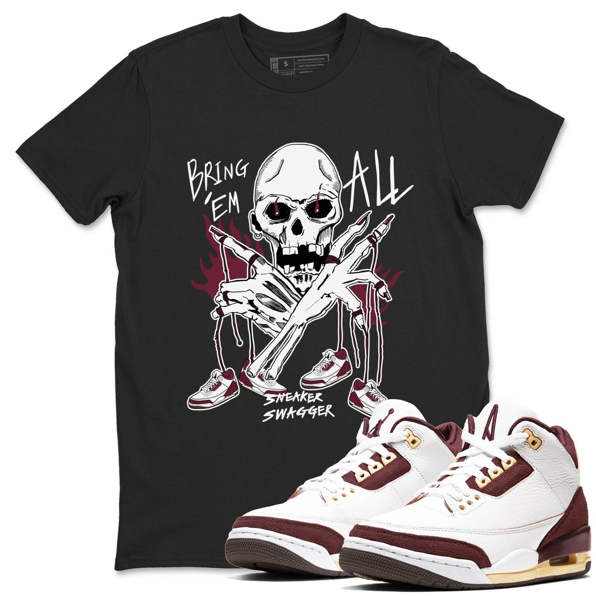 3s A Ma Maniere x Burgundy Crush shirts to match jordans Bring 'Em All sneaker match teesA Ma Maniére x Air Jordan 3 "Burgundy Crush" SNRT Sneaker Tees streetwear brand Black 1 unisex cotton tee