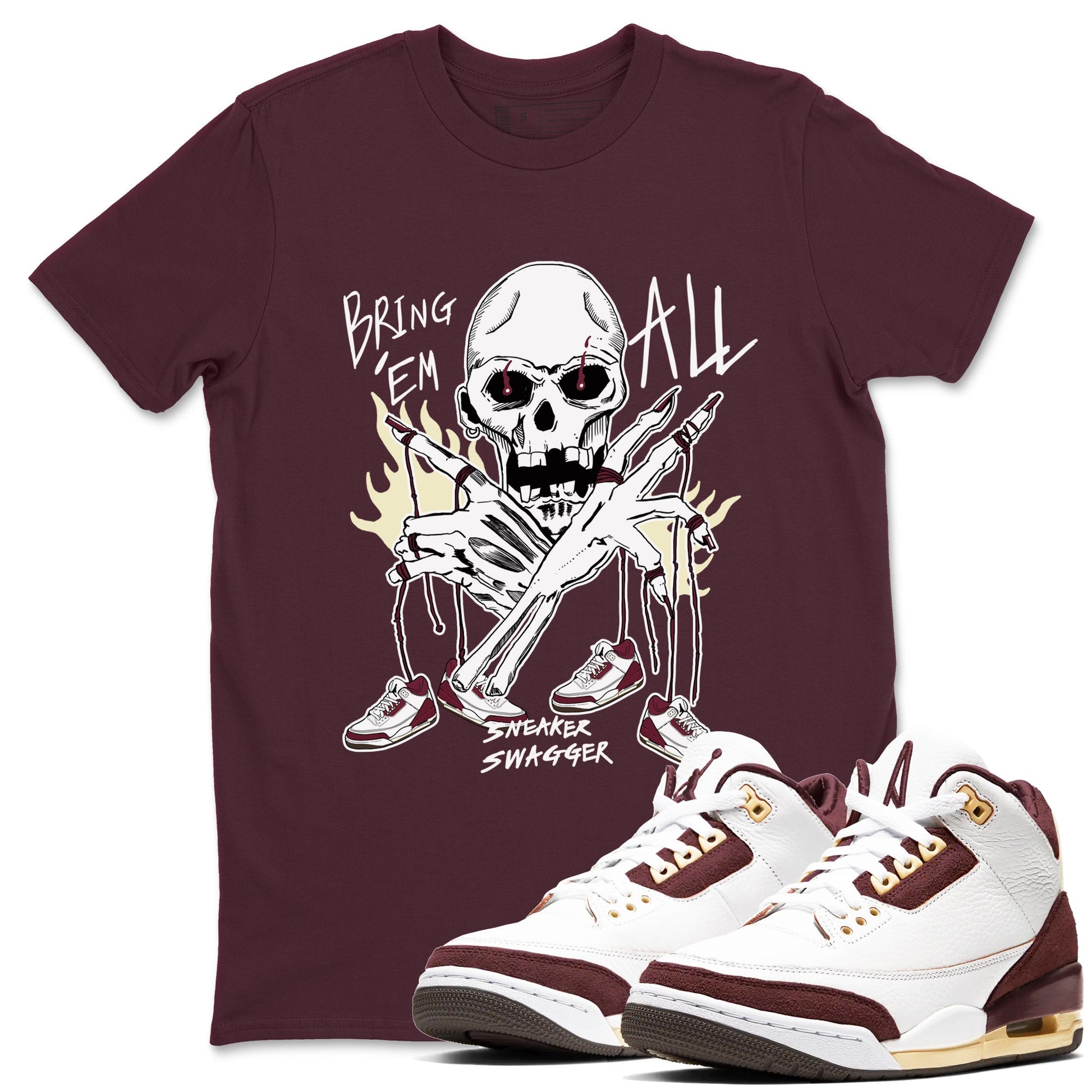 3s A Ma Maniere x Burgundy Crush shirts to match jordans Bring 'Em All sneaker match teesA Ma Maniére x Air Jordan 3 "Burgundy Crush" SNRT Sneaker Tees streetwear brand Maroon 1 unisex cotton tee