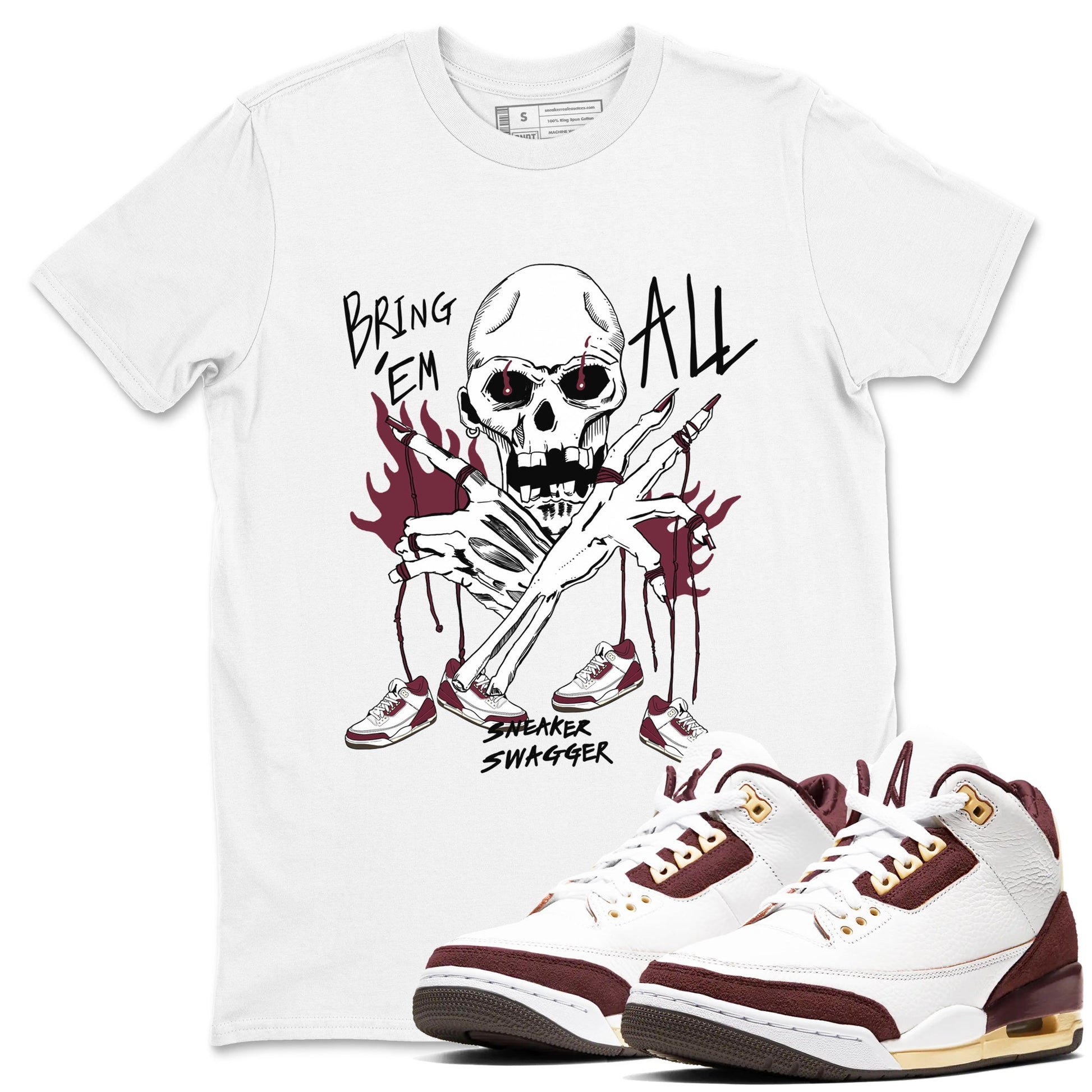 3s A Ma Maniere x Burgundy Crush shirts to match jordans Bring 'Em All sneaker match teesA Ma Maniére x Air Jordan 3 "Burgundy Crush" SNRT Sneaker Tees streetwear brand White 1 unisex cotton tee
