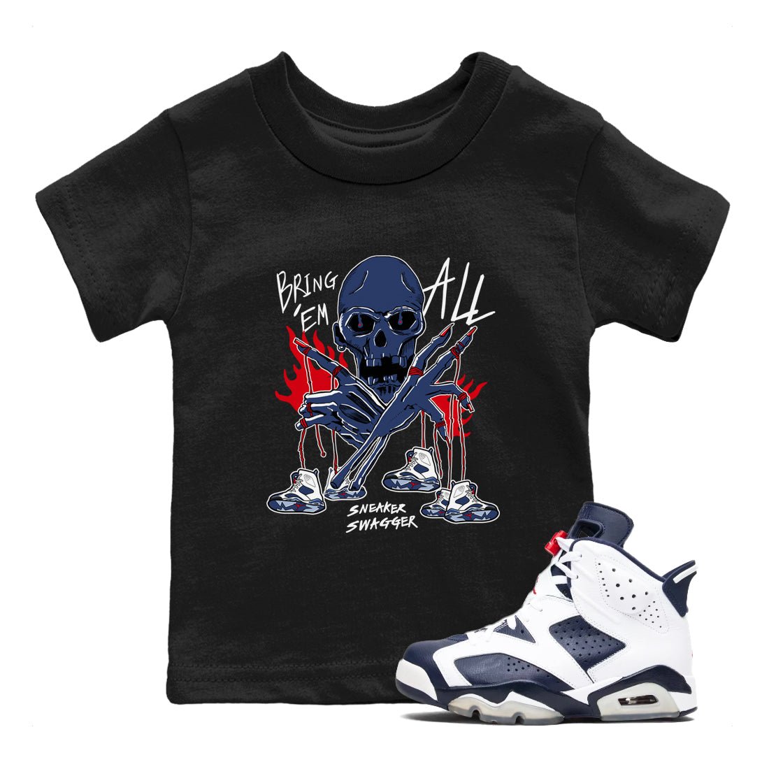 AJ6 White And Midnight Navy shirts to match jordans Bring 'Em All unique Halloween sneaker tee Air Jordan 6 Olympic SNRT Sneaker Tees streetwear brand Baby and Youth Black 1 cotton tee