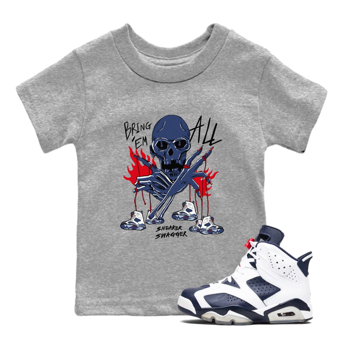 AJ6 White And Midnight Navy shirts to match jordans Bring 'Em All unique Halloween sneaker tee Air Jordan 6 Olympic SNRT Sneaker Tees streetwear brand Baby and Youth Heather Grey 1 cotton tee