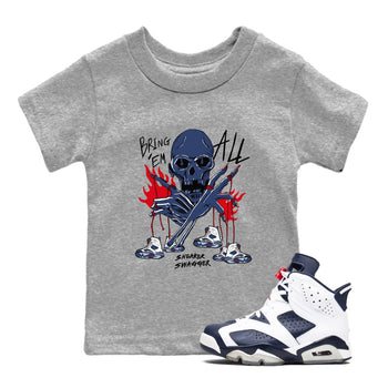 AJ6 White And Midnight Navy shirts to match jordans Bring 'Em All unique Halloween sneaker tee Air Jordan 6 Olympic SNRT Sneaker Tees streetwear brand Baby and Youth Heather Grey 1 cotton tee
