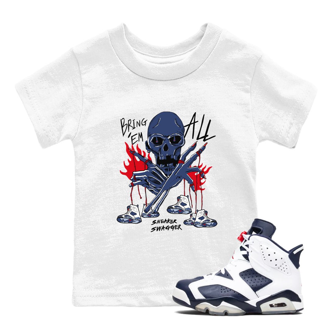 AJ6 White And Midnight Navy shirts to match jordans Bring 'Em All unique Halloween sneaker tee Air Jordan 6 Olympic SNRT Sneaker Tees streetwear brand Baby and Youth White 1 cotton tee