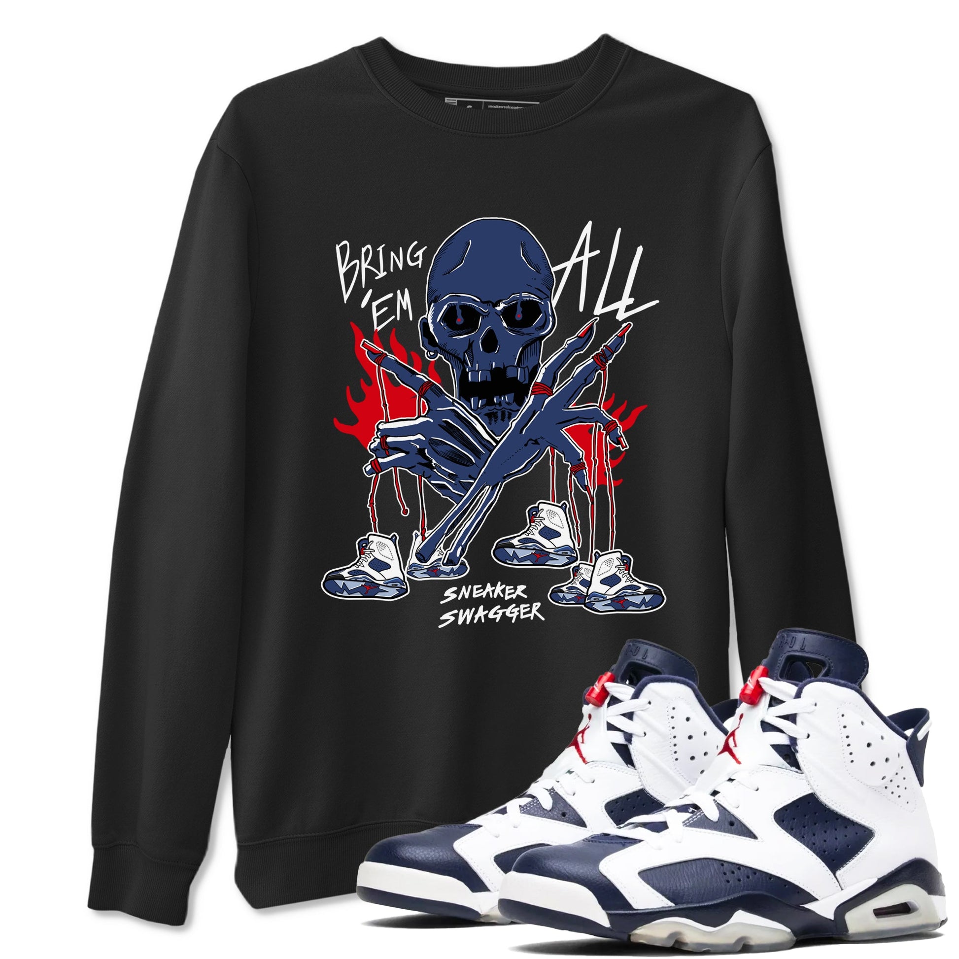 AJ6 White And Midnight Navy shirts to match jordans Bring 'Em All unique Halloween sneaker tee Air Jordan 6 Olympic SNRT Sneaker Tees streetwear brand Black 1 unisex cotton tee