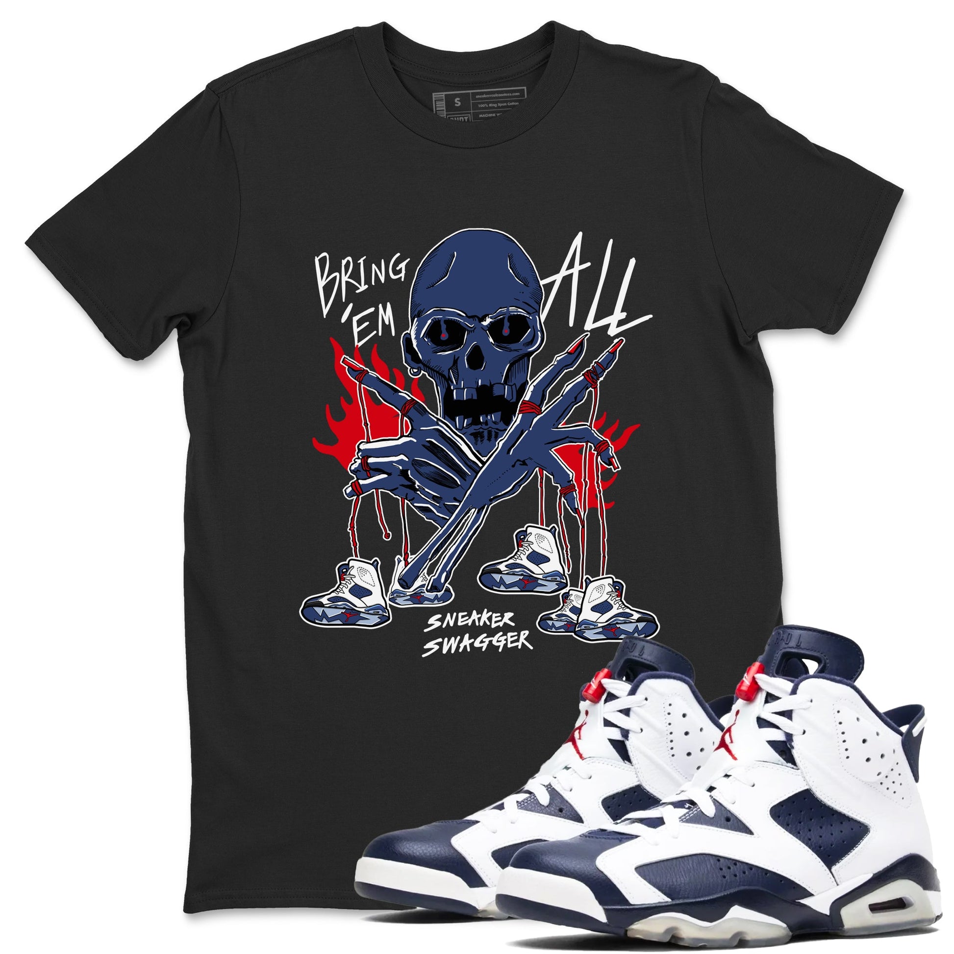 AJ6 White And Midnight Navy shirts to match jordans Bring 'Em All unique Halloween sneaker tee Air Jordan 6 Olympic SNRT Sneaker Tees streetwear brand Black 1 unisex cotton tee
