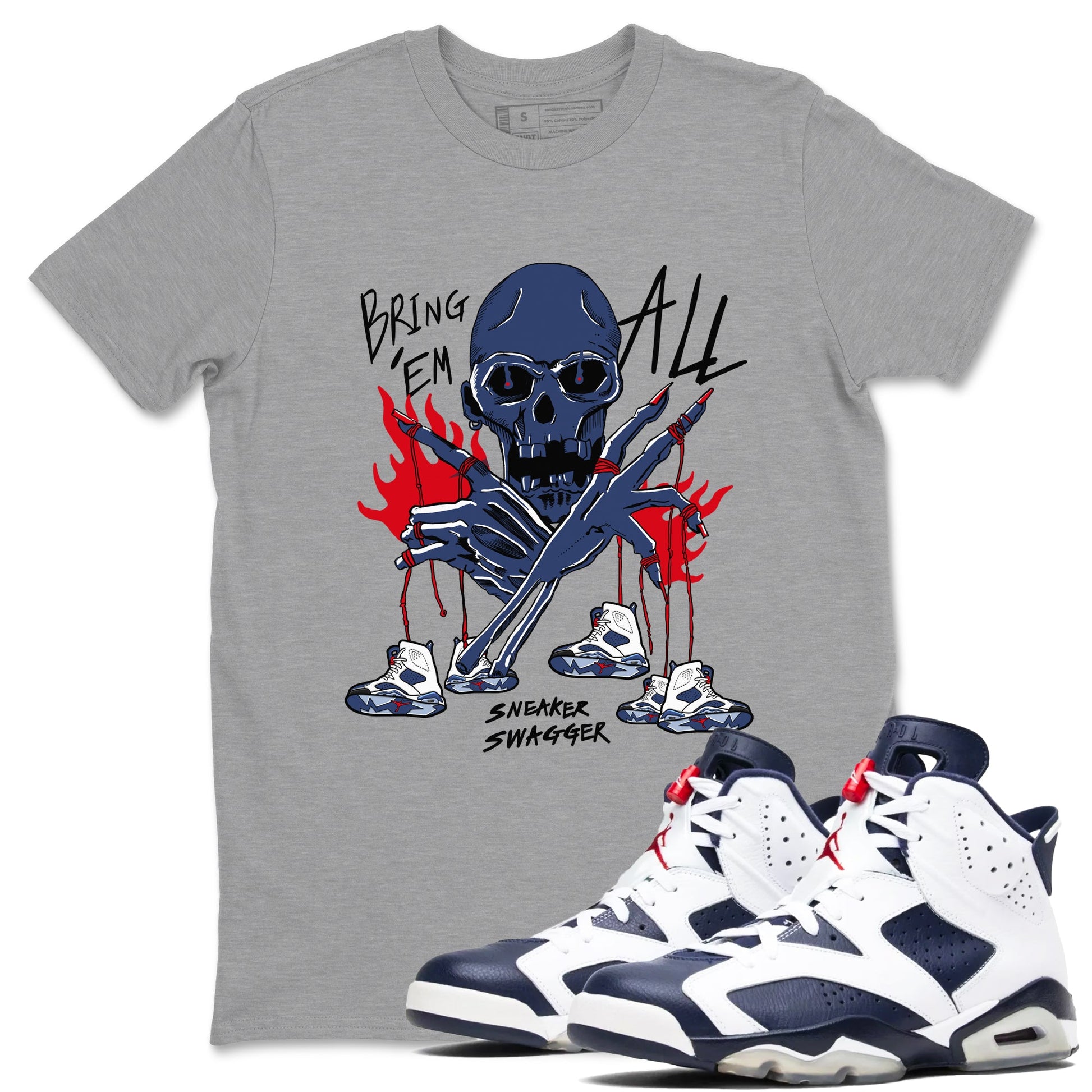 AJ6 White And Midnight Navy shirts to match jordans Bring 'Em All unique Halloween sneaker tee Air Jordan 6 Olympic SNRT Sneaker Tees streetwear brand Heather Grey 1 unisex cotton tee