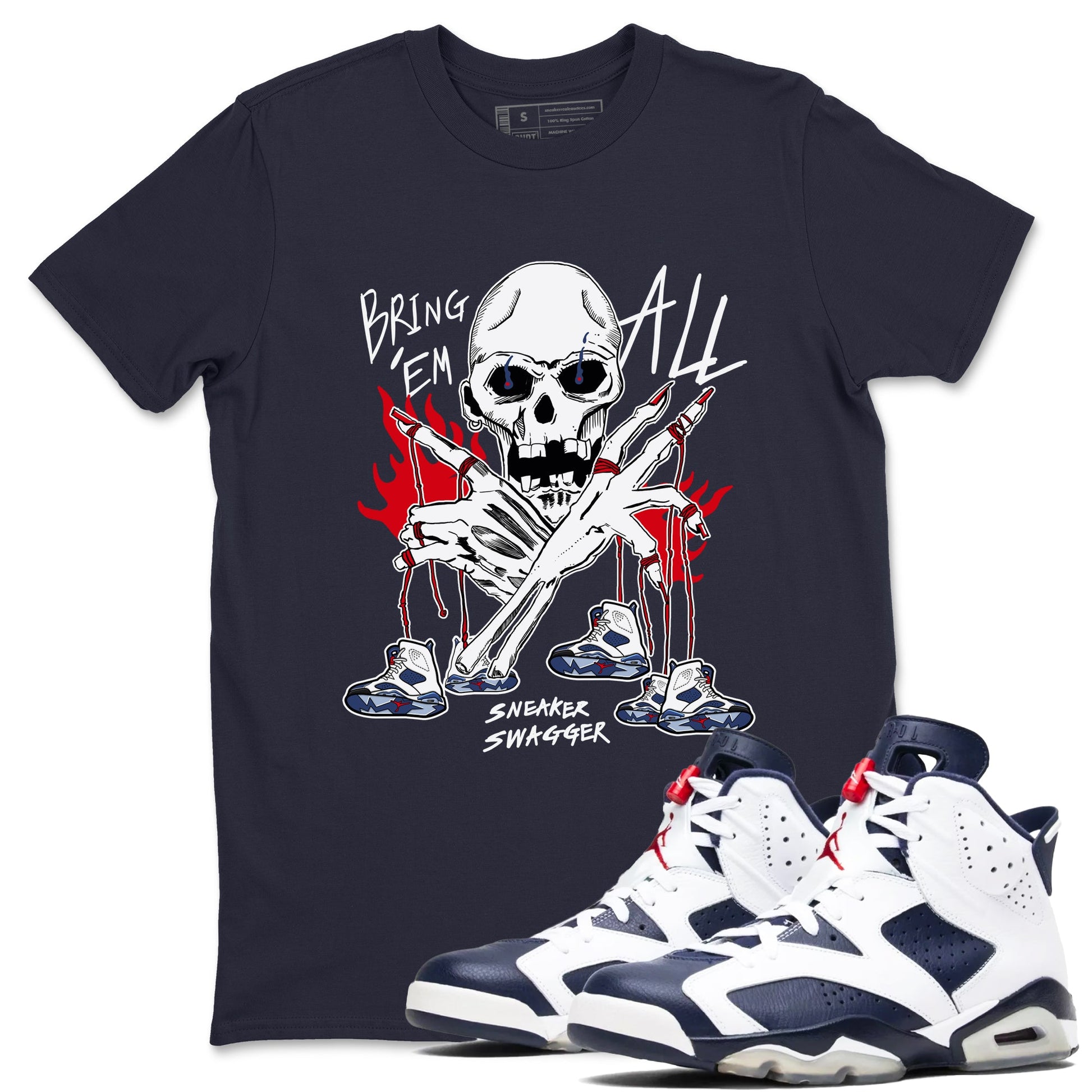 AJ6 White And Midnight Navy shirts to match jordans Bring 'Em All unique Halloween sneaker tee Air Jordan 6 Olympic SNRT Sneaker Tees streetwear brand Navy 1 unisex cotton tee