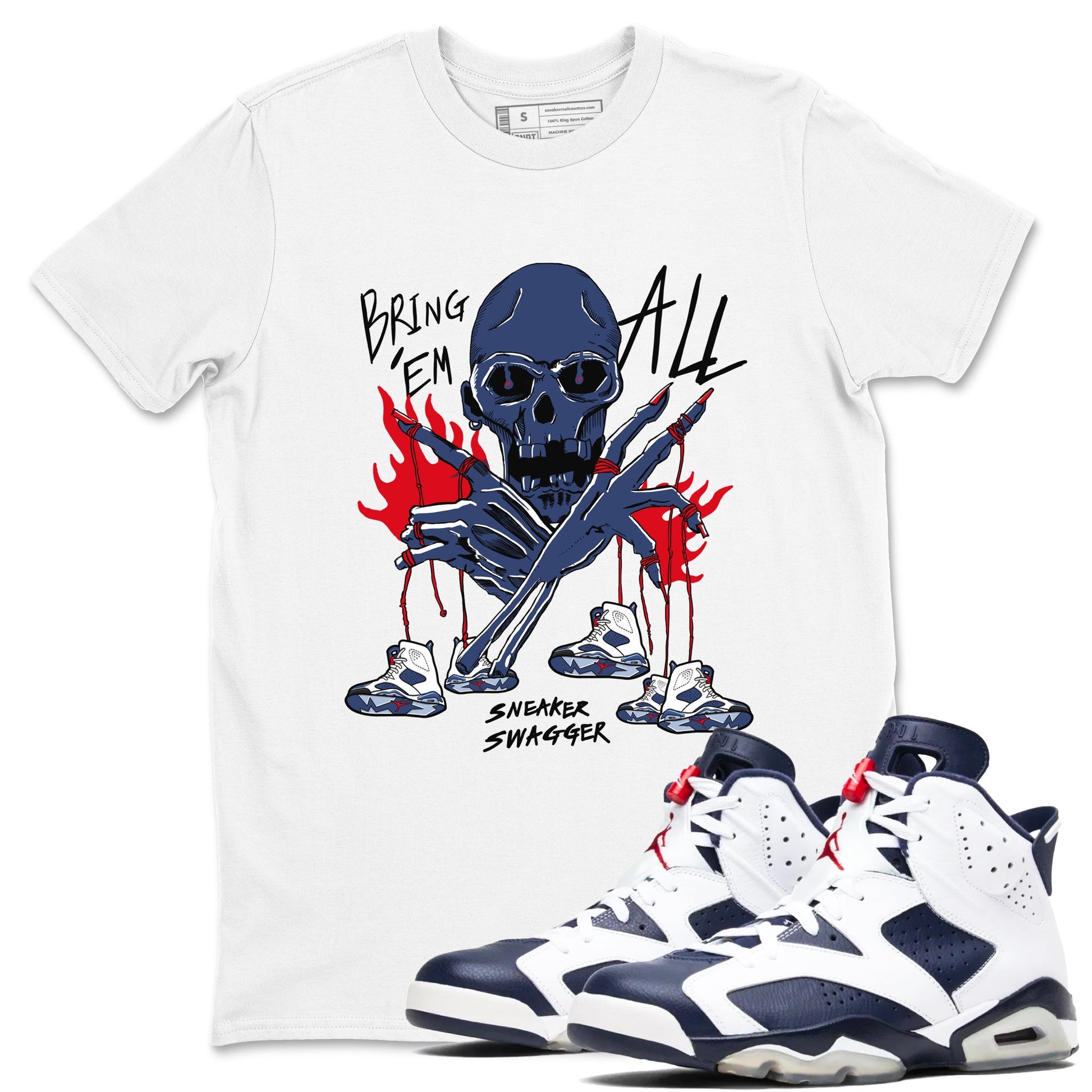 AJ6 White And Midnight Navy shirts to match jordans Bring 'Em All unique Halloween sneaker tee Air Jordan 6 Olympic SNRT Sneaker Tees streetwear brand White 1 unisex cotton tee