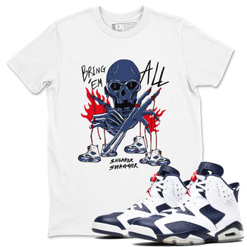 AJ6 White And Midnight Navy shirts to match jordans Bring 'Em All unique Halloween sneaker tee Air Jordan 6 Olympic SNRT Sneaker Tees streetwear brand White 1 unisex cotton tee