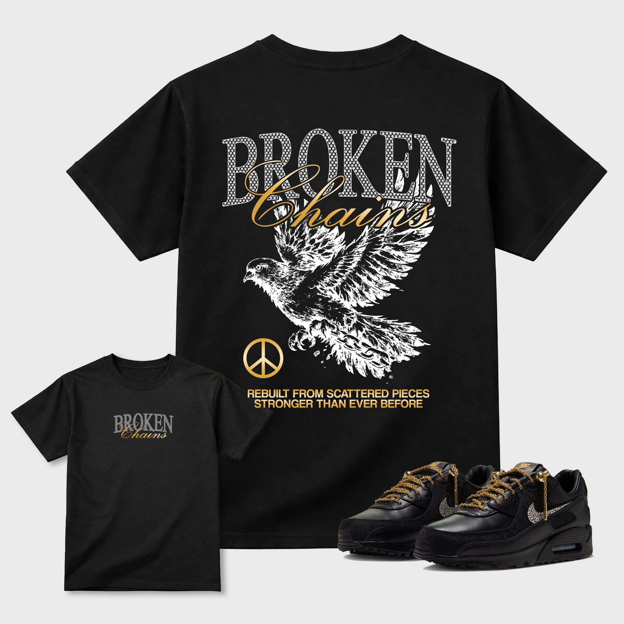 Broken Chains Graphic T-Shirt featuring original streetwear artwork designed to match the . Black Graphic T-Shirt.