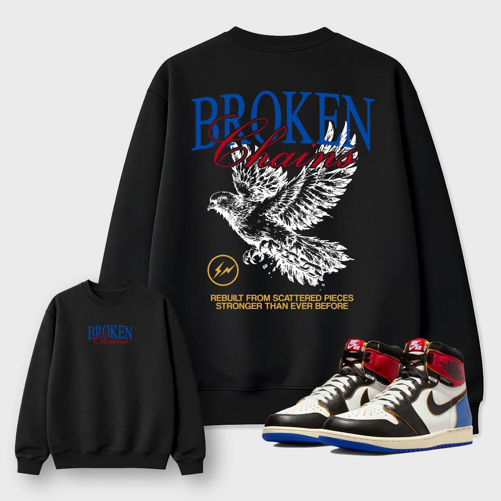 Broken Chains sneaker match t-shirt styled to complete your fit with the Air Jordan 1 Union x Fragment sneakers, shown in Black.