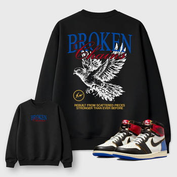 Broken Chains sneaker match t-shirt styled to complete your fit with the Air Jordan 1 Union x Fragment sneakers, shown in Black.